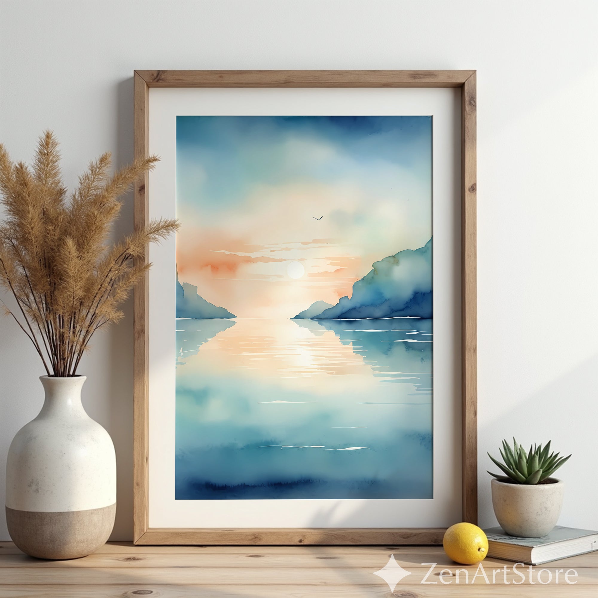 Calm Coastal Sunset Watercolor Print - Minimal Seascape Wall Art, Zen Japandi Blue Peach Ocean Landscape