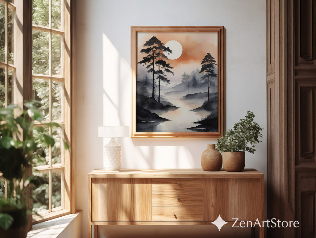 Misty River Landscape Wall Art - Zen Japandi Minimal Sunset Print, Neutral Wabi Sabi Home Decor