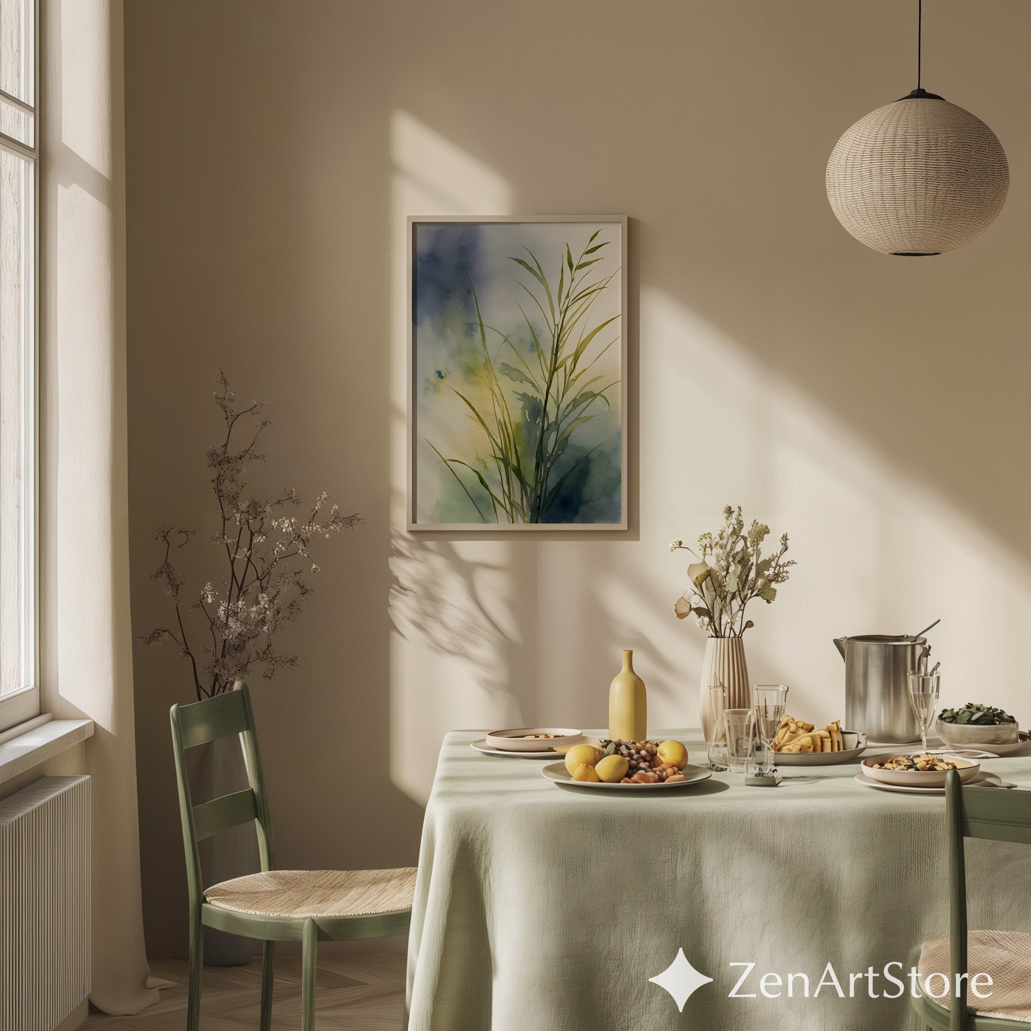 Watercolor Grass Botanical Print - Minimal Zen Plant Art for Japandi, Scandinavian & Boho Home Decor