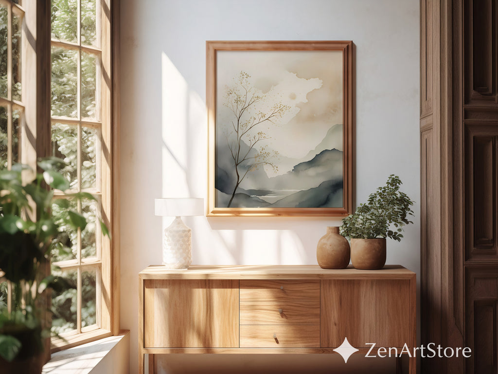 Calm Neutral Landscape Art Print - Minimal Japandi Wabi Sabi Botanical Wall Decor for Living Room & Bedroom