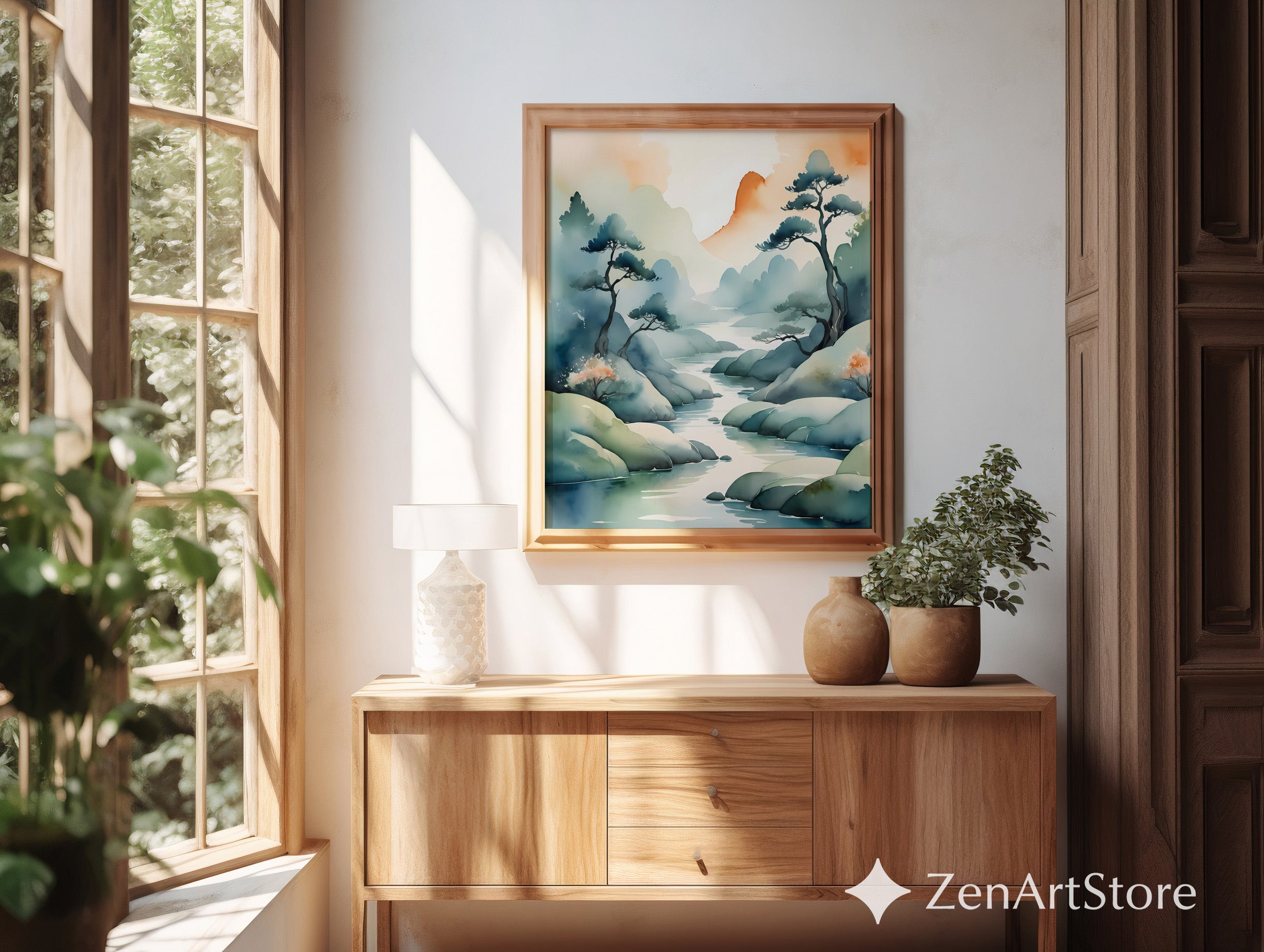 Serene Watercolor Japanese Landscape Print - Zen Japandi Minimalist Mountain River Wall Art