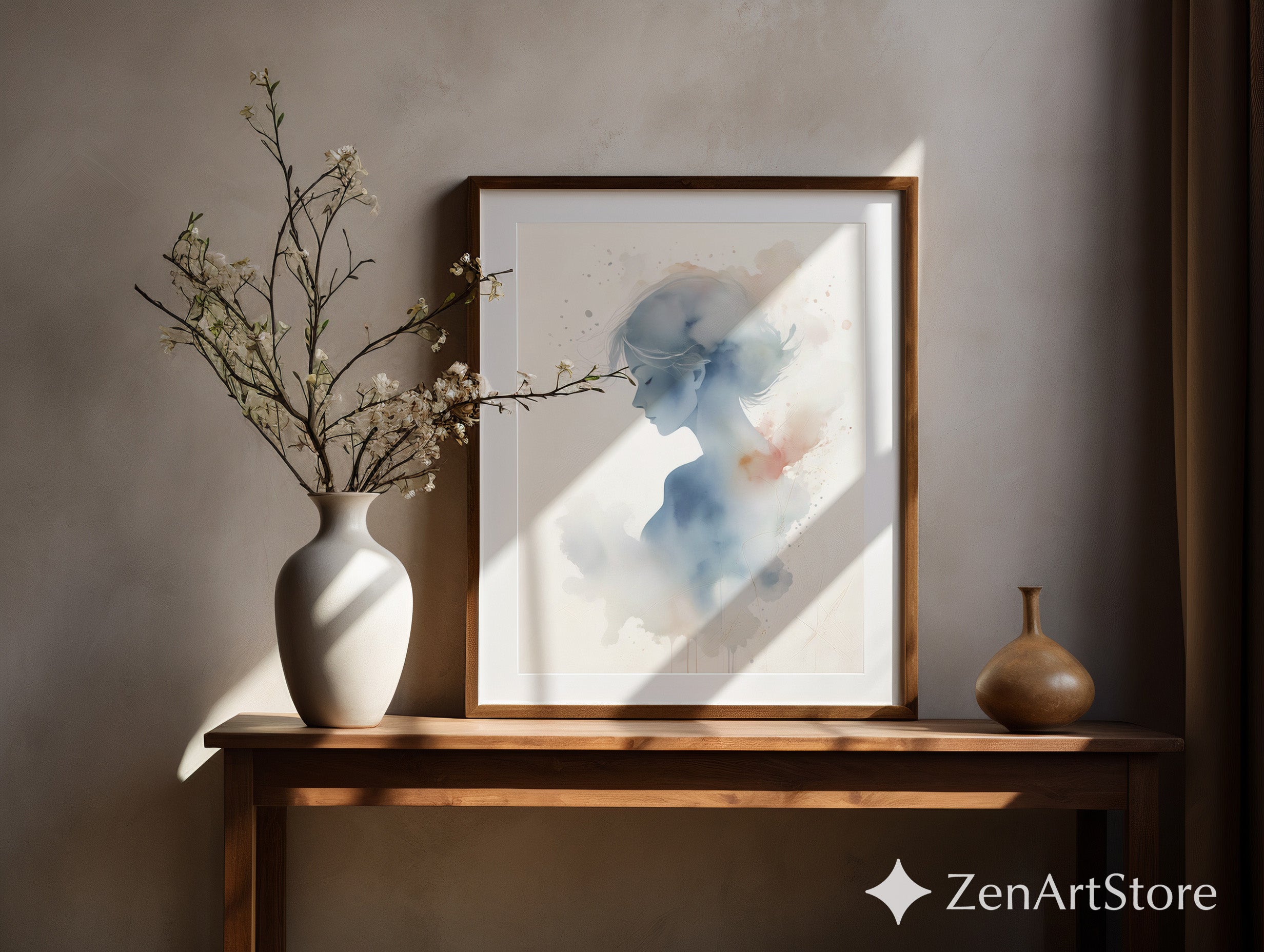 Dreamy Watercolor Woman Portrait Print - Minimal Abstract Blue Gray Silhouette, Zen Wall Art for Living Room & Bedroom