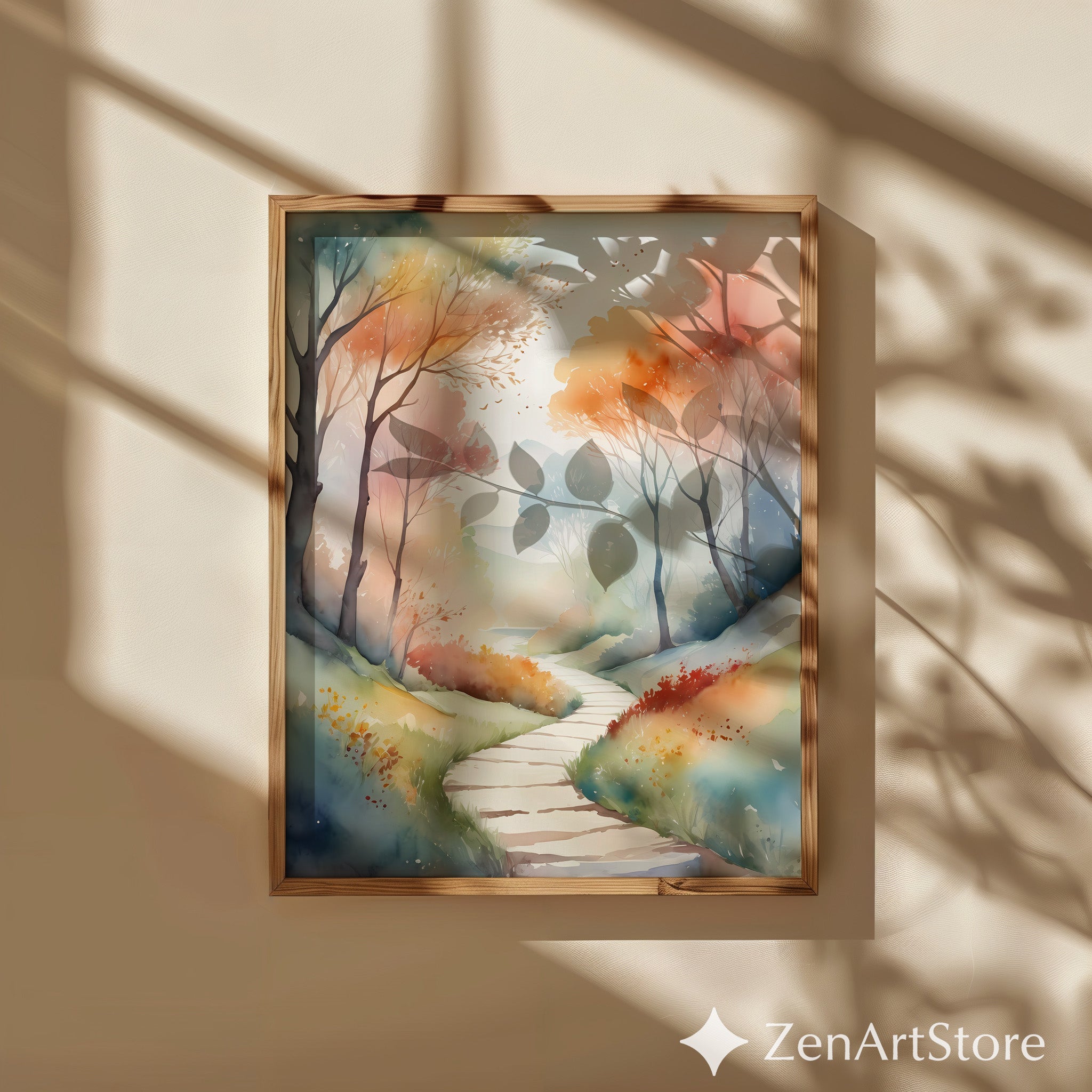 Dreamy Watercolor Pathway Wall Art - Pastel Forest Landscape Print, Autumn Zen Minimal Japandi Home Decor