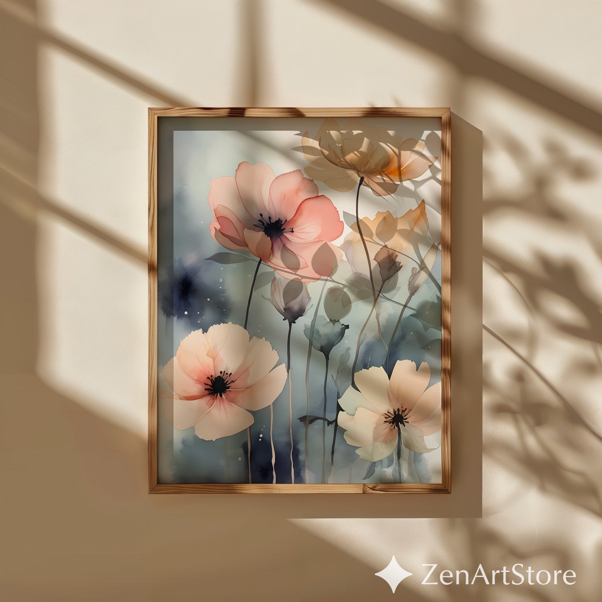 Soft Blush Poppy Watercolor Print - Neutral Floral Wall Art, Minimalist Botanical Canvas for Living Room Bedroom Nursery