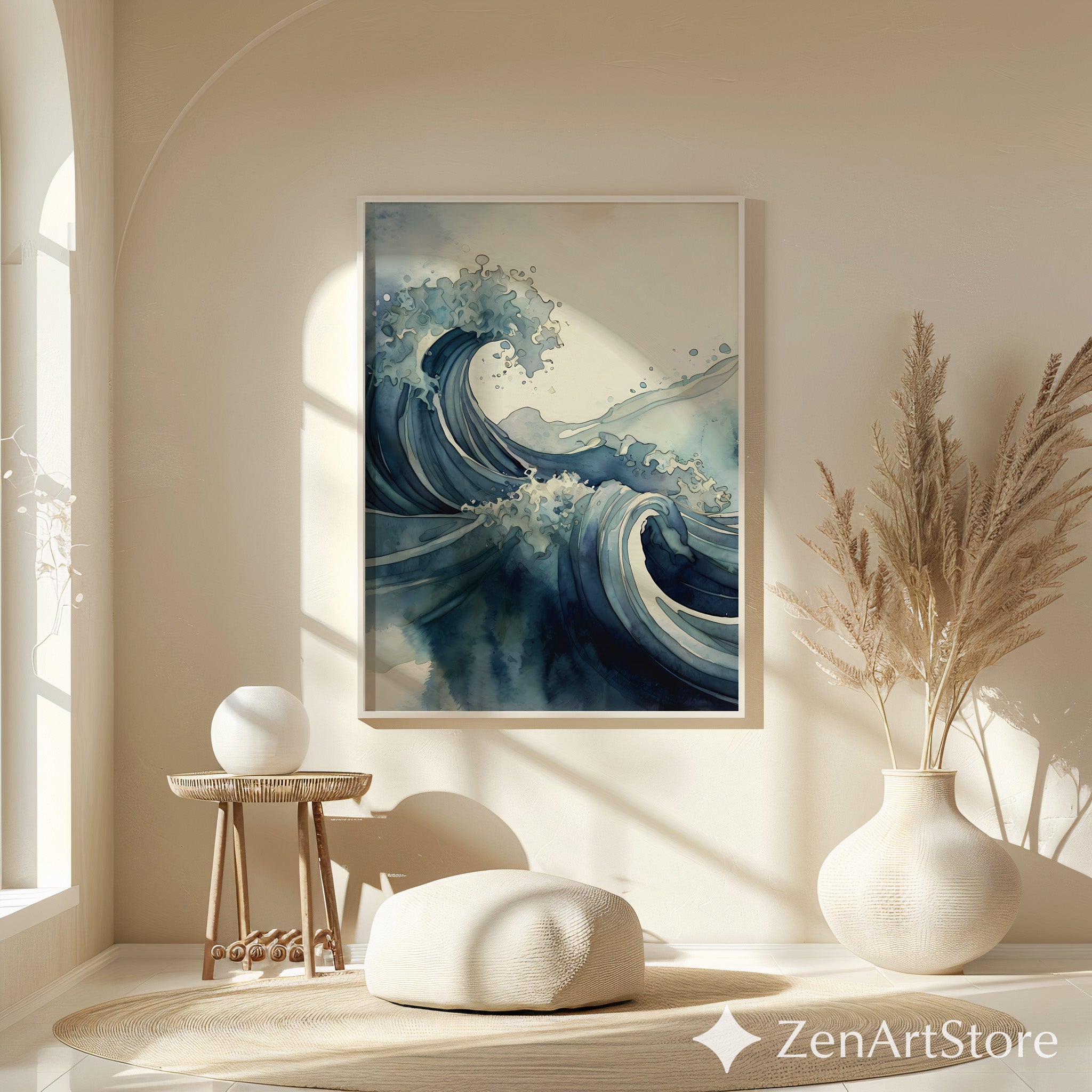 Blue Wave Art Print - Minimal Japanese Wave Abstract, Zen Japandi Coastal Home Decor, Indigo Seascape Wall Art