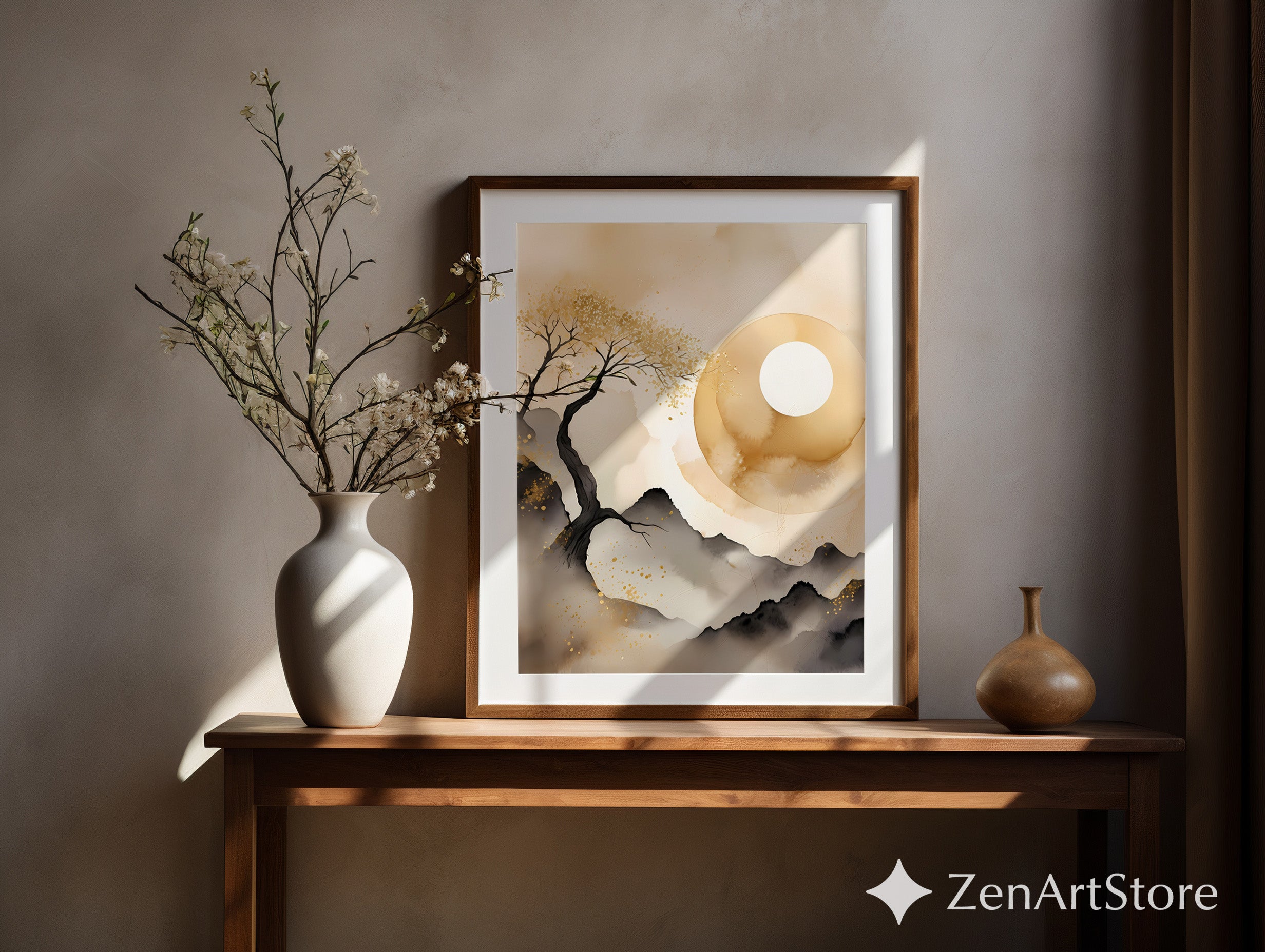 Golden Moon Zen Landscape - Minimal Japanese Abstract Printable Wall Art