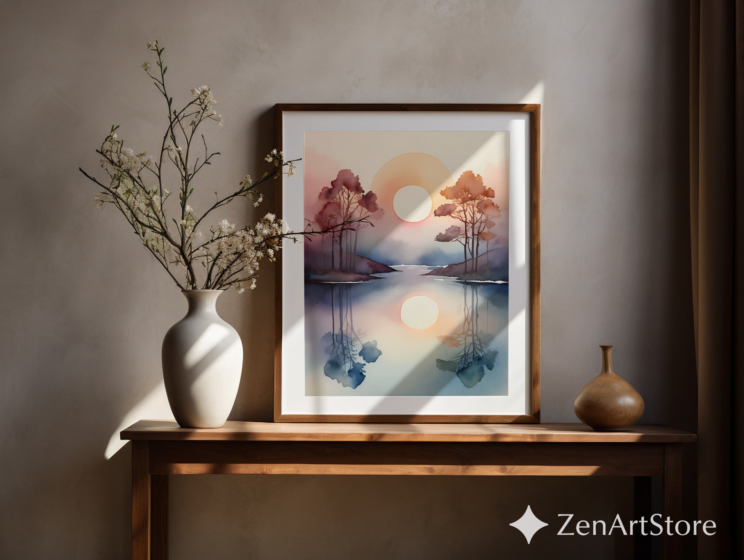 Watercolor Sunrise Reflection Print - Minimal Zen Landscape Wall Art for Japandi, Scandinavian & Boho Home Decor