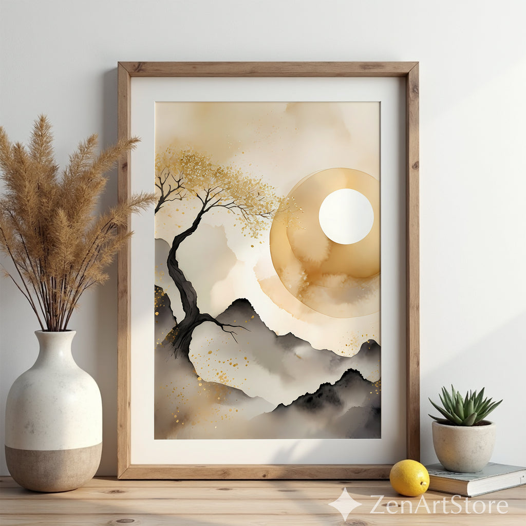Golden Moon Zen Landscape - Minimal Japanese Abstract Printable Wall Art