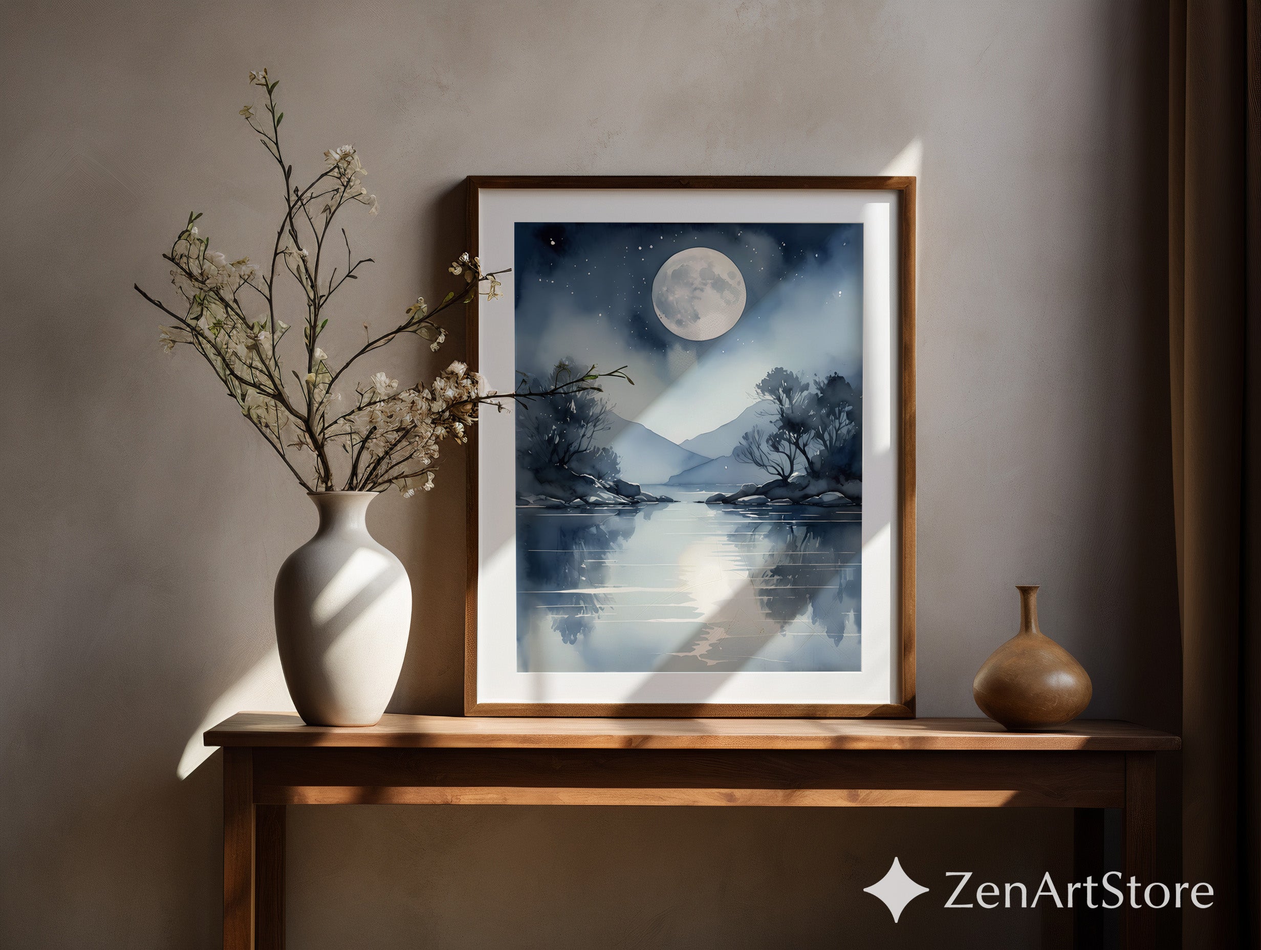 Moonlight Lake Watercolor Print - Serene Blue Moon Reflection Wall Art for Bedroom, Living Room, Japandi Minimal Decor