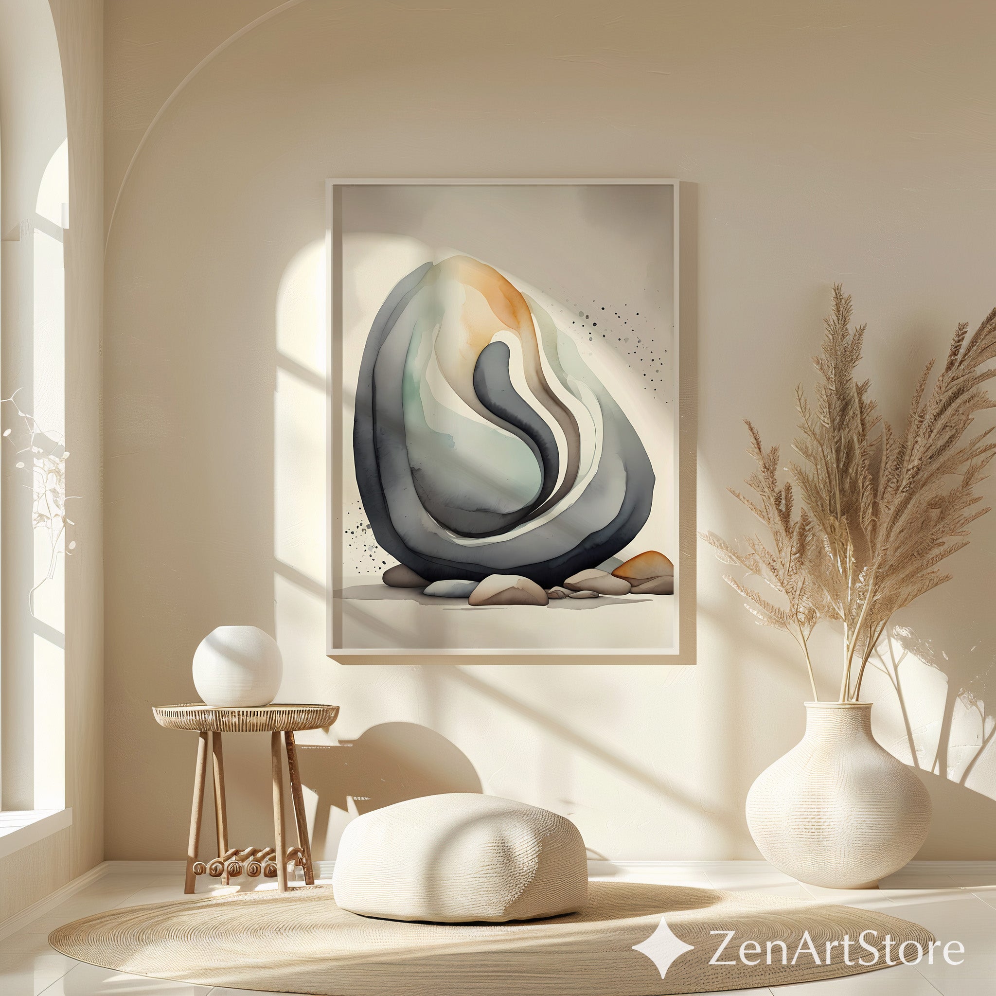 Abstract Neutral Stone Layers Wall Art - Minimal Japandi Wabi Sabi Print, Beige Black Earth Tone Home Decor