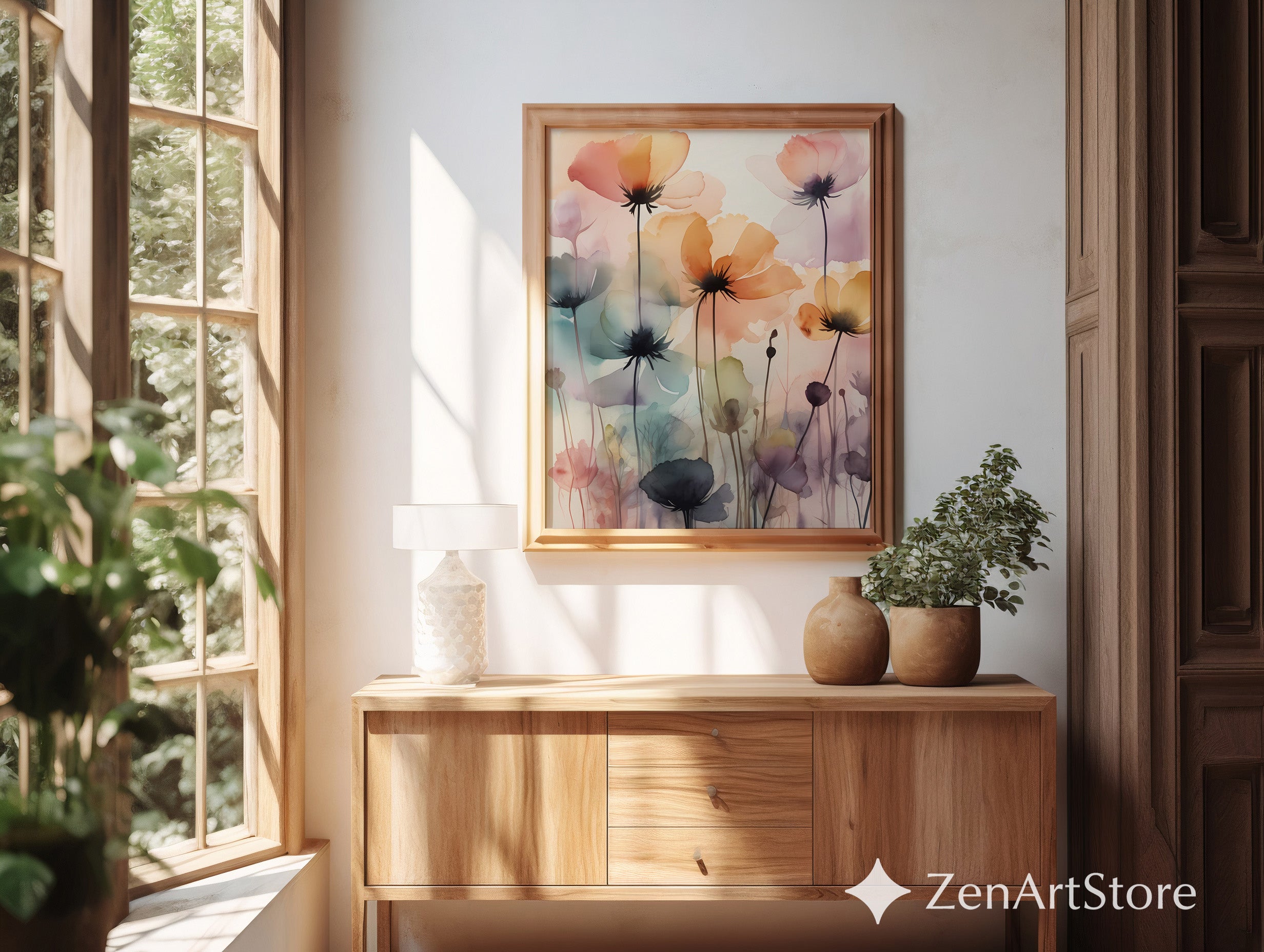 Ethereal Watercolor Poppy Wall Art Print - Soft Pastel Floral Poster for Living Room, Bedroom, Nursery, Japandi Minimal Home Decor