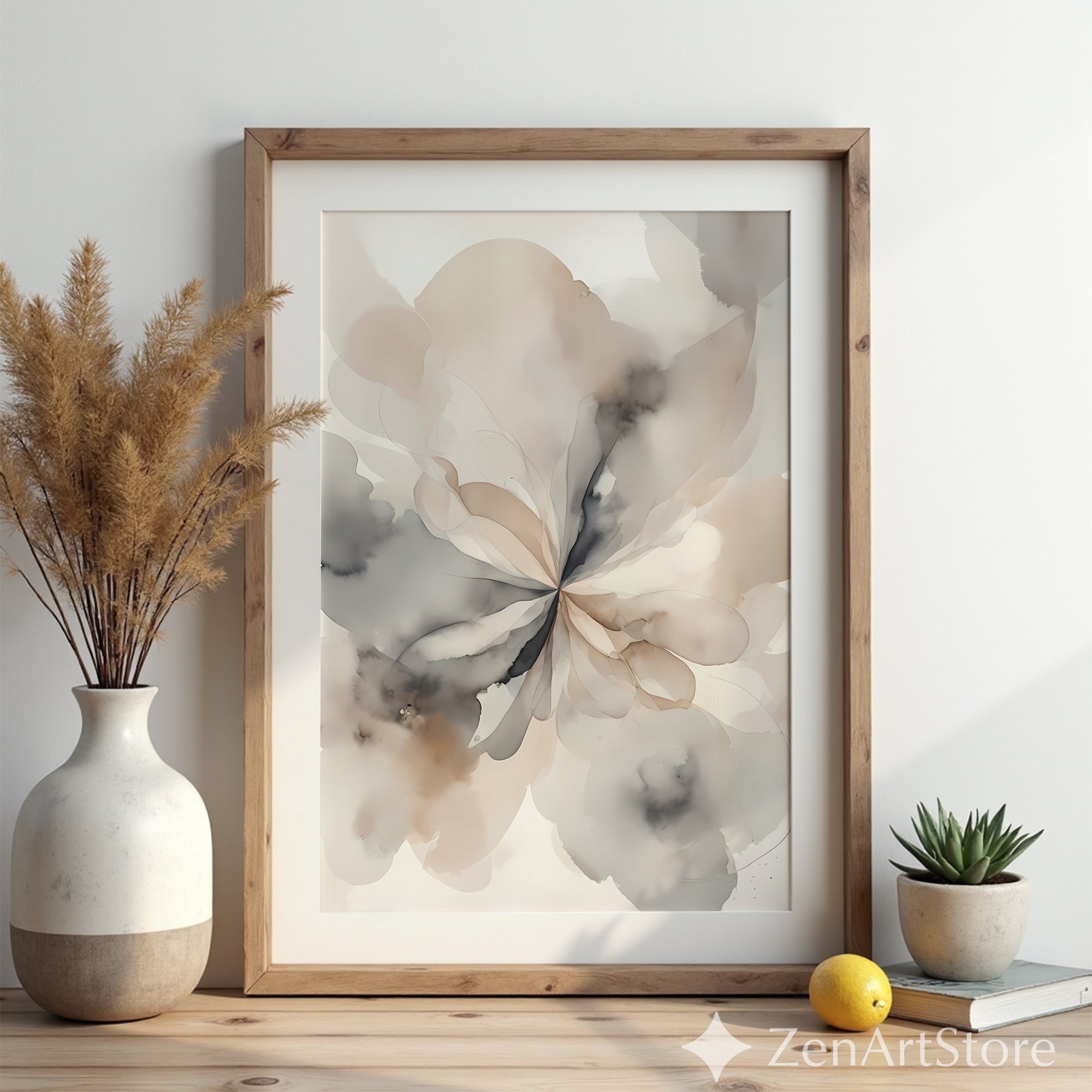 Neutral Abstract Floral Wall Art - Minimal Beige & Gray Watercolor Print, Modern Japandi Wabi-Sabi Botanical Decor