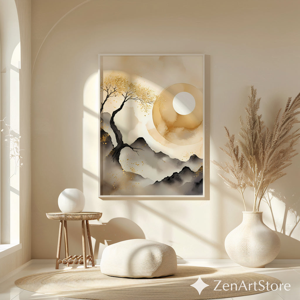 Golden Moon Zen Landscape - Minimal Japanese Abstract Printable Wall Art