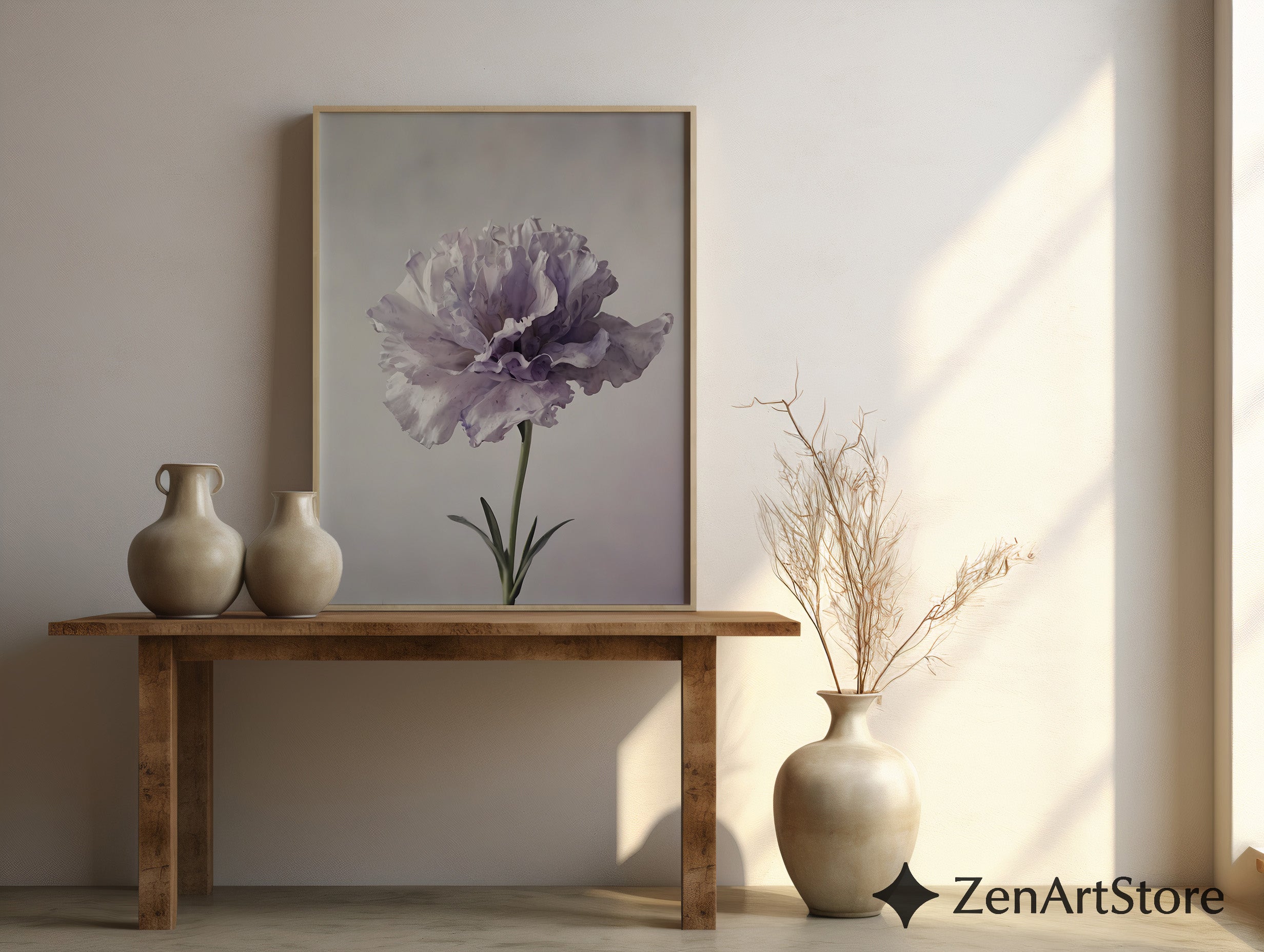 Lavender Peony Floral Art Print - Minimal Botanical Wall Art for Neutral Japandi, Scandinavian & Boho Home Decor