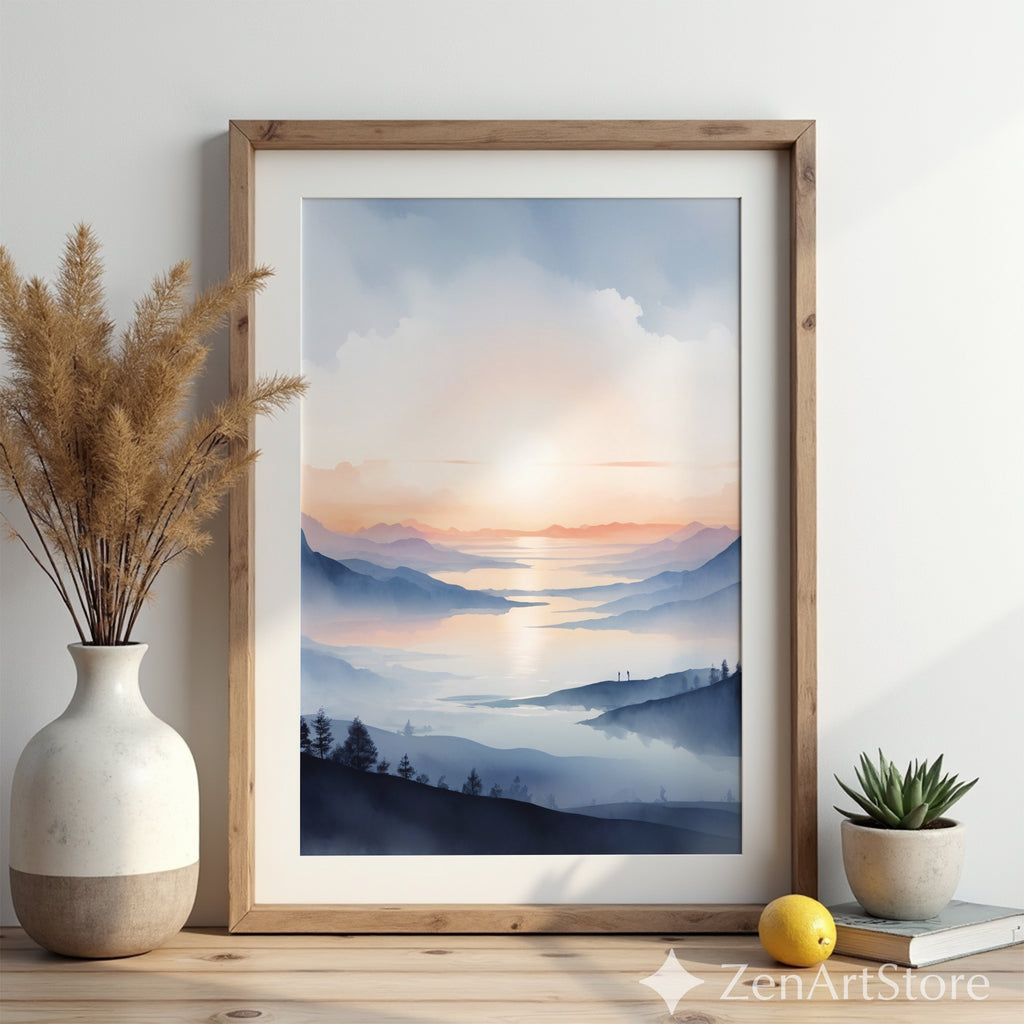 Misty Mountain Sunrise Wall Art Print - Calm Japandi Landscape Minimal Zen Home Decor