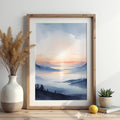 Misty Mountain Sunrise Wall Art Print - Calm Japandi Landscape Minimal Zen Home Decor