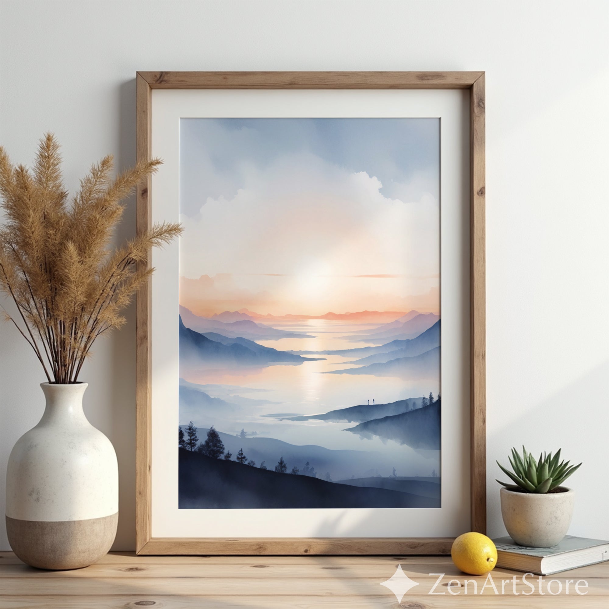 Misty Mountain Sunrise Wall Art Print - Calm Japandi Landscape Minimal Zen Home Decor