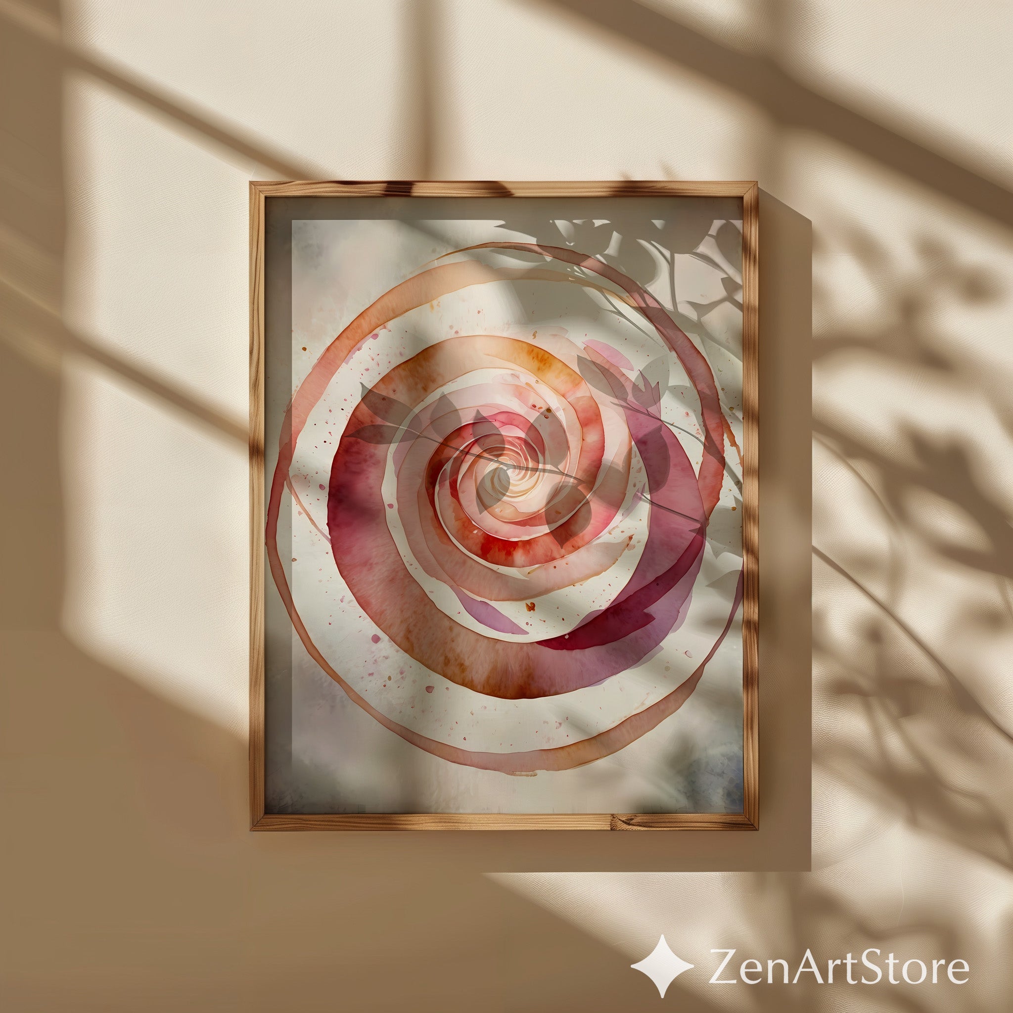 Spiral Rose Watercolor Print - Neutral Pink Beige Abstract Wall Art, Minimal Japandi Wabi Sabi Home Decor