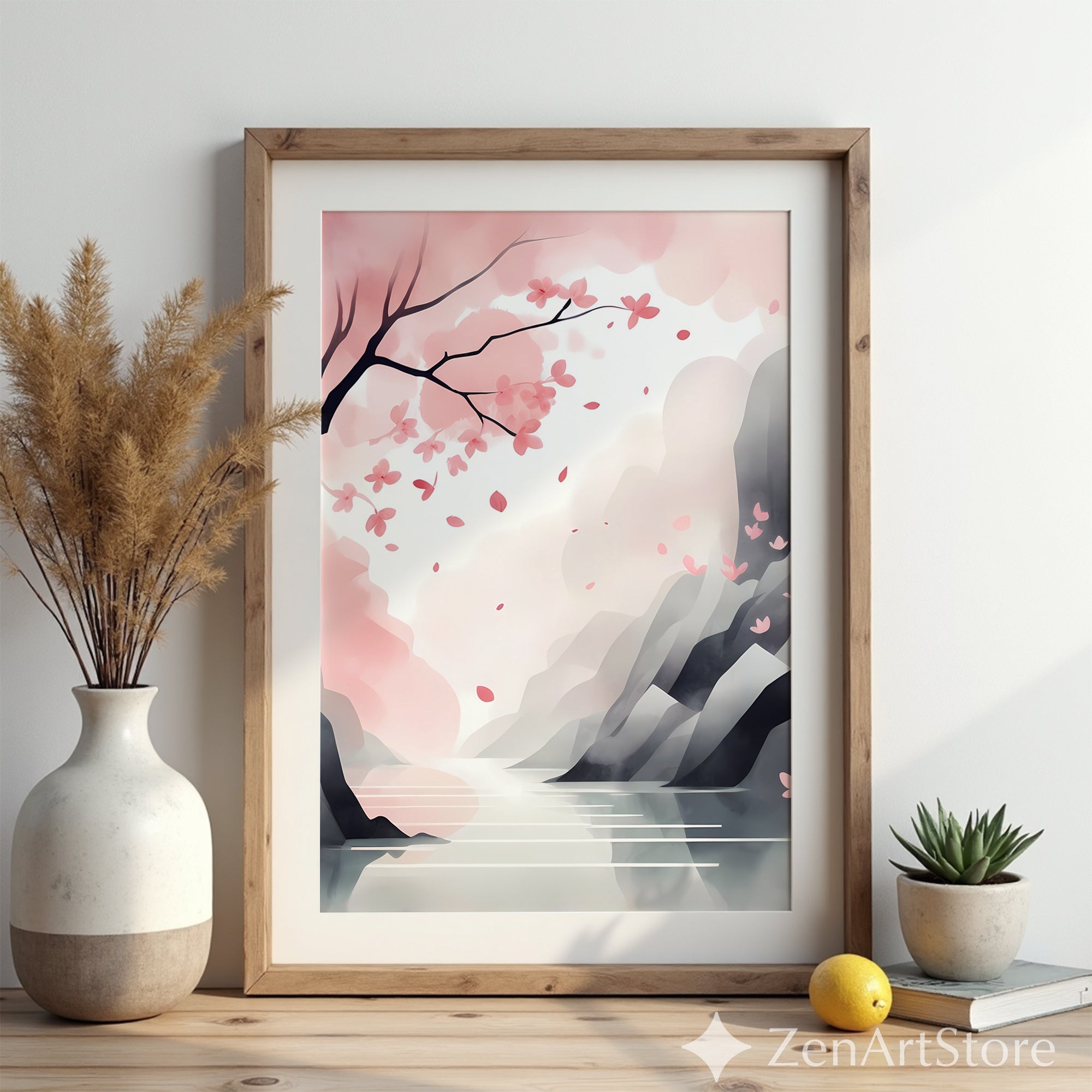 Cherry Blossom Landscape Print - Minimal Sakura Wall Art Pastel Pink Japandi Zen Print for Living Room Bedroom Nursery