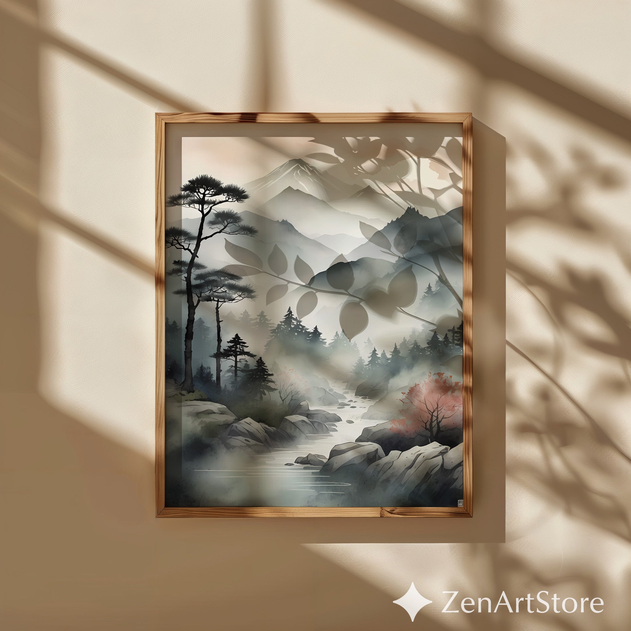 Zen Japanese Mountain Mist Printable Wall Art - Minimal Sumi-e Landscape for Calm Home