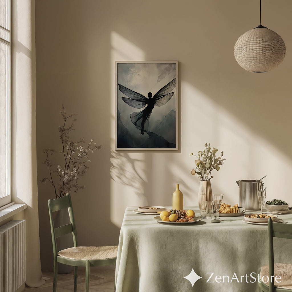 Ethereal Fairy Silhouette Wall Art - Minimal Neutral Wings Print for Japandi Wabi-Sabi Scandinavian Decor