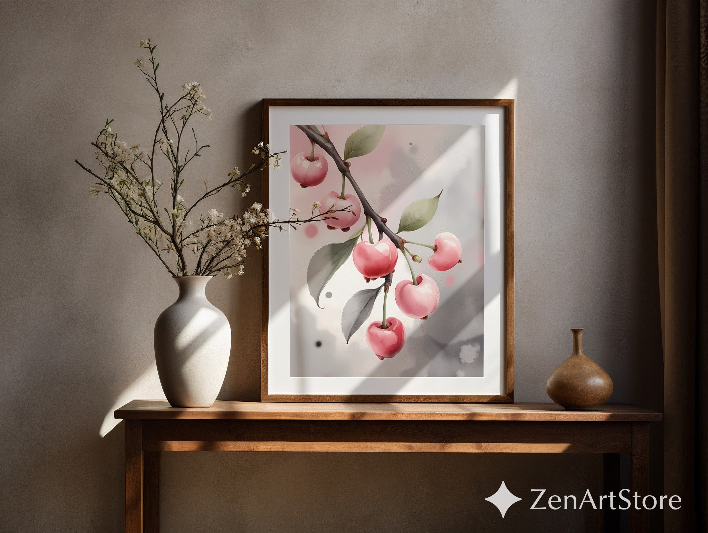 Pink Cherry Art Print Minimal Botanical Wall Art Pastel Fruit Poster for Kitchen Nursery Japandi Scandinavian Home Decor