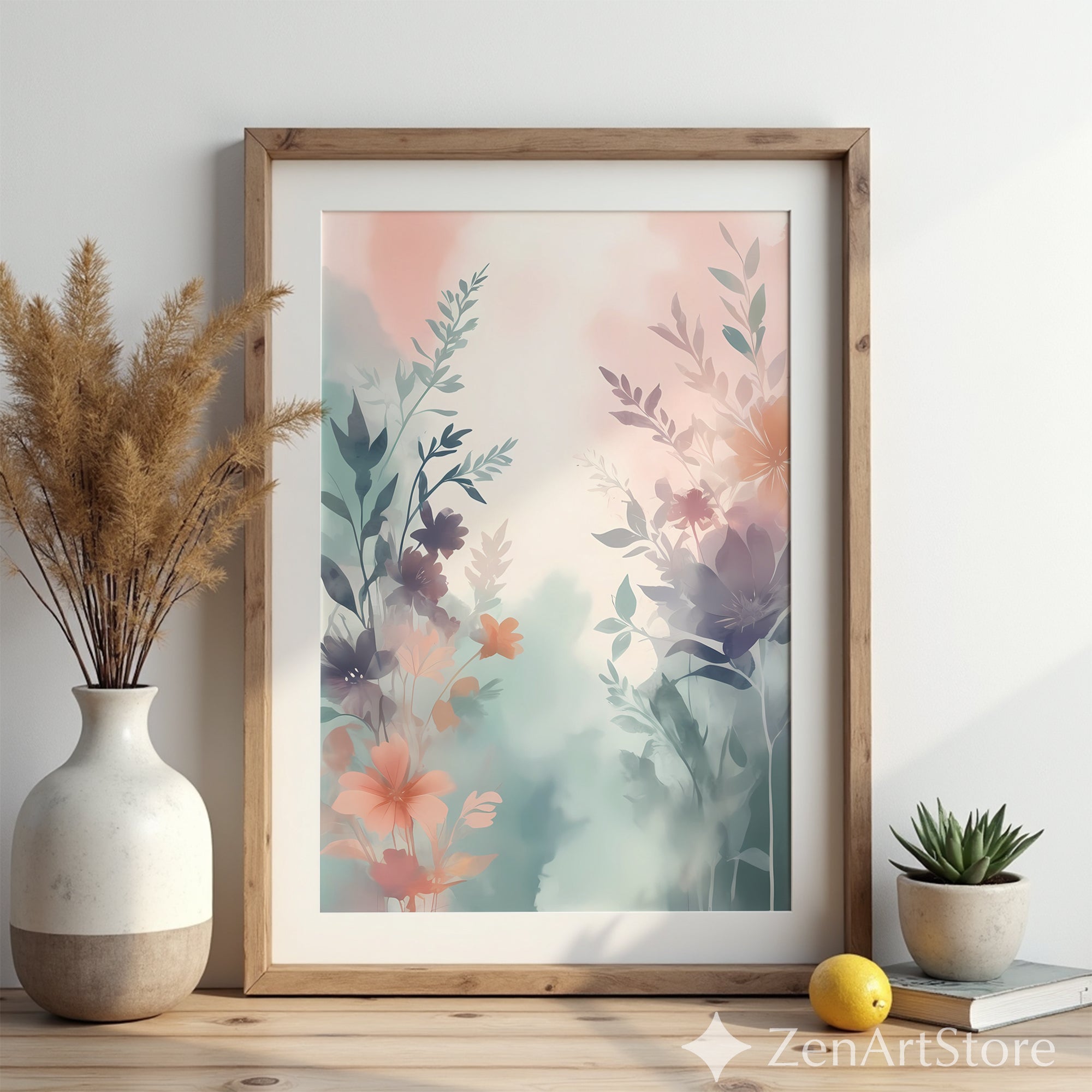 Pastel Botanical Watercolor Print - Soft Blush & Teal Floral Wall Art, Minimal Scandi Japandi Home Decor, Printable or Canvas