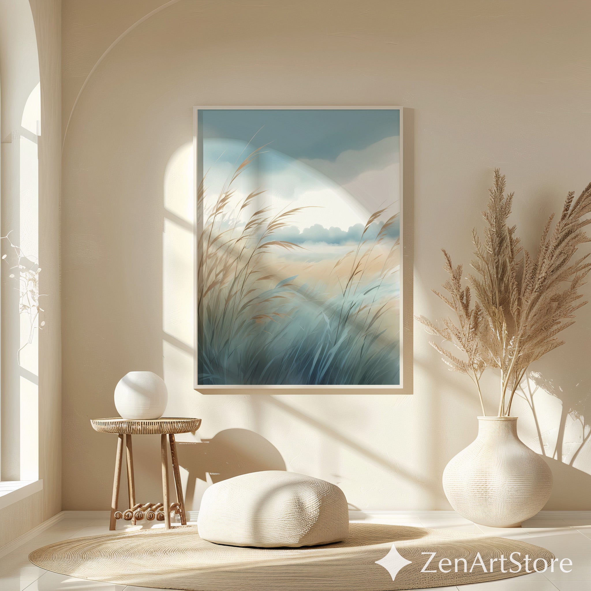 Serene Coastal Grass Landscape Print – Minimal Pastel Botanical Wall Art, Neutral Zen Decor for Living Room, Bedroom, Japandi & Boho Interiors
