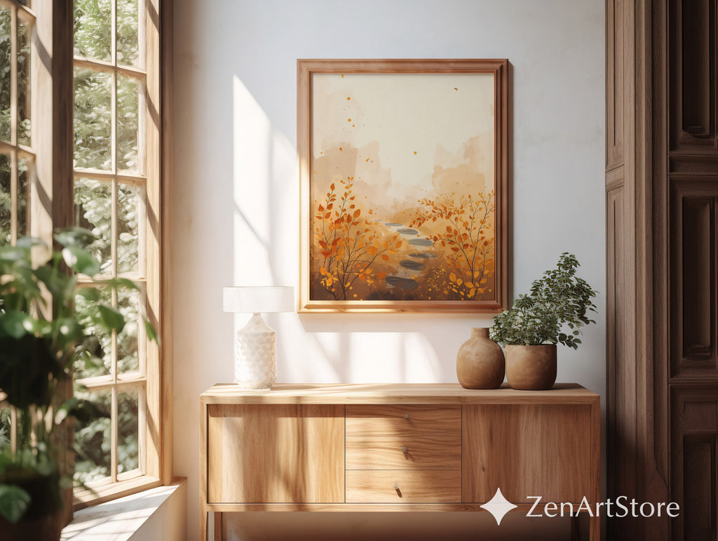 Autumn Path Wall Art - Minimal Fall Landscape Print, Japandi Beige Orange Botanical Home Decor