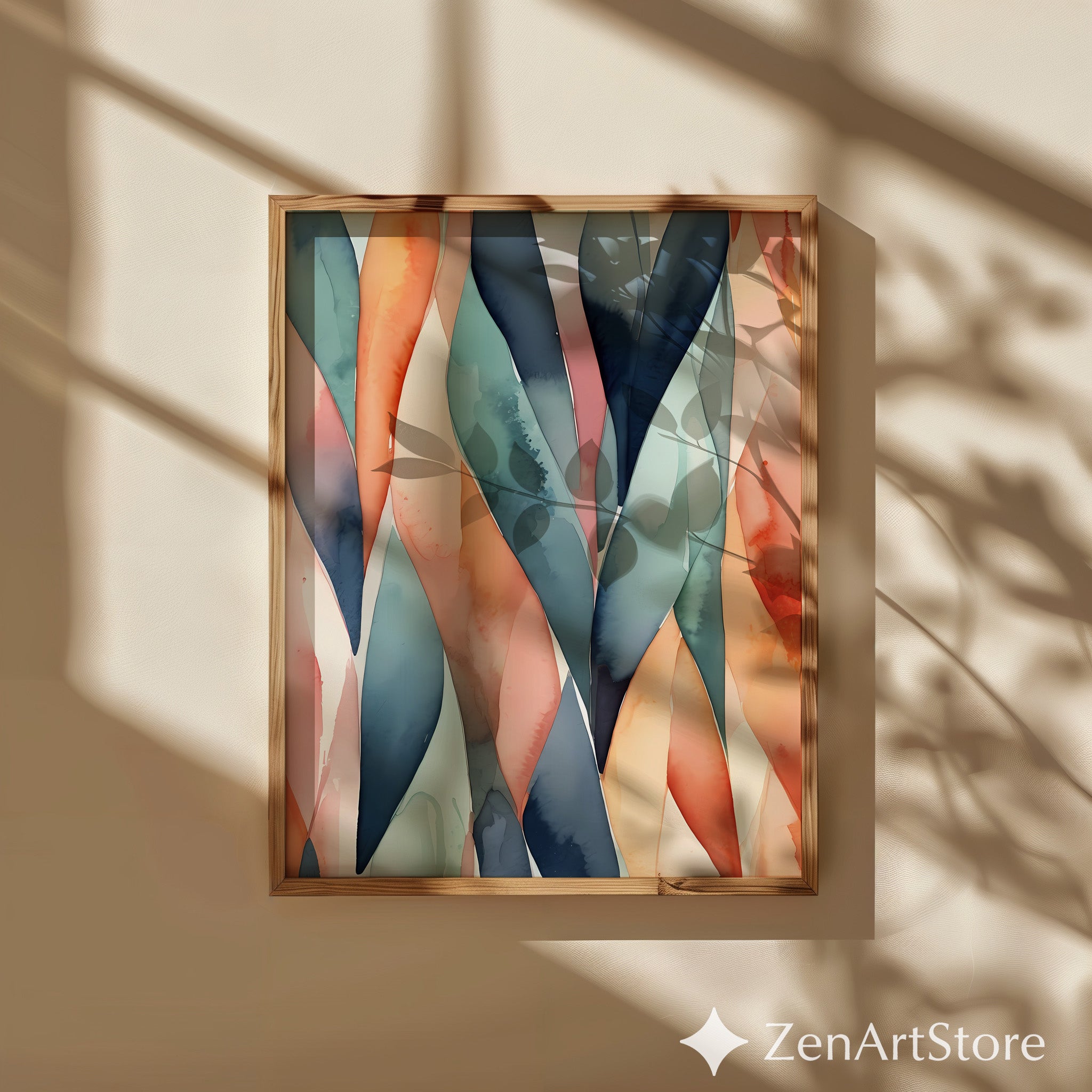 Abstract Watercolor Leaf Art Print - Teal Coral Minimal Botanical Wall Decor for Modern Living Room