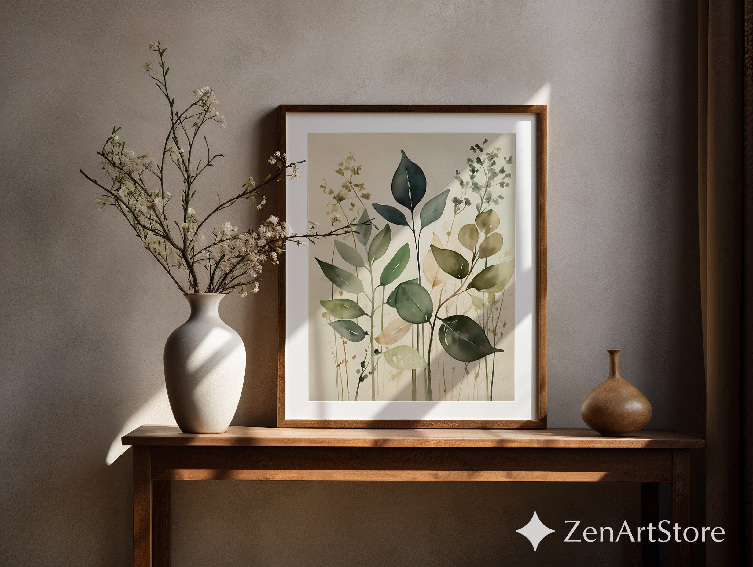 Neutral Botanical Watercolor Print - Minimal Green Leaf Wall Art for Japandi Wabi Sabi Home Decor