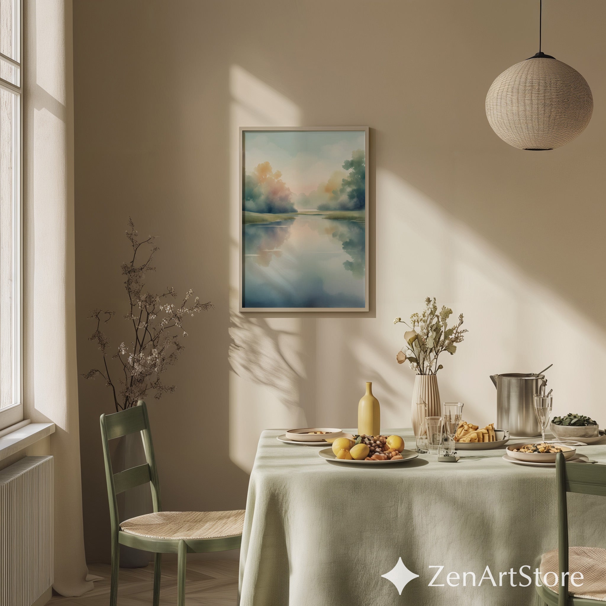 Misty Lake Watercolor Print – Serene Pastel Landscape Wall Art for Zen, Japandi & Scandinavian Home Decor