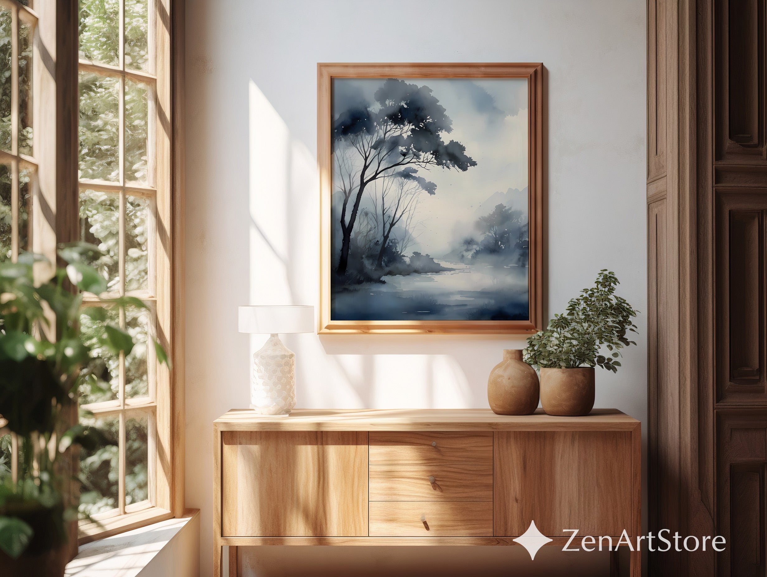 Misty Blue-Gray Watercolor Landscape Print - Zen Minimalist Japandi Wall Art for Living Room, Bedroom, Office