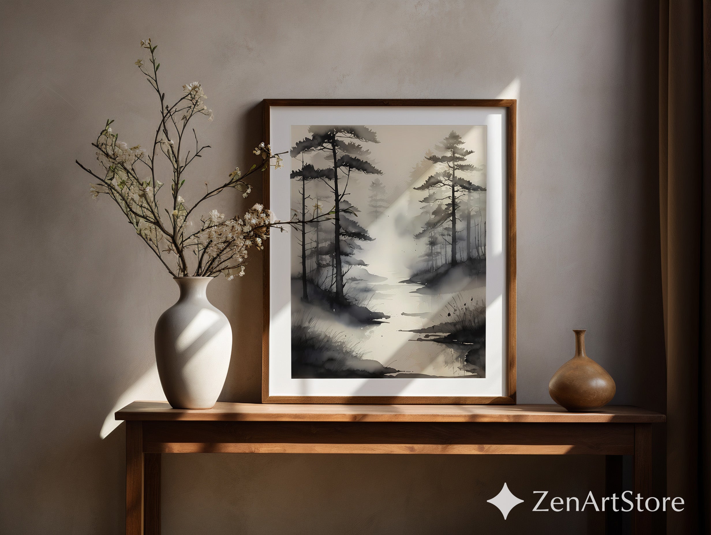 Misty Pine Forest Watercolor Print - Minimal Zen Landscape Wall Art - Neutral Black & Beige Japandi Home Decor