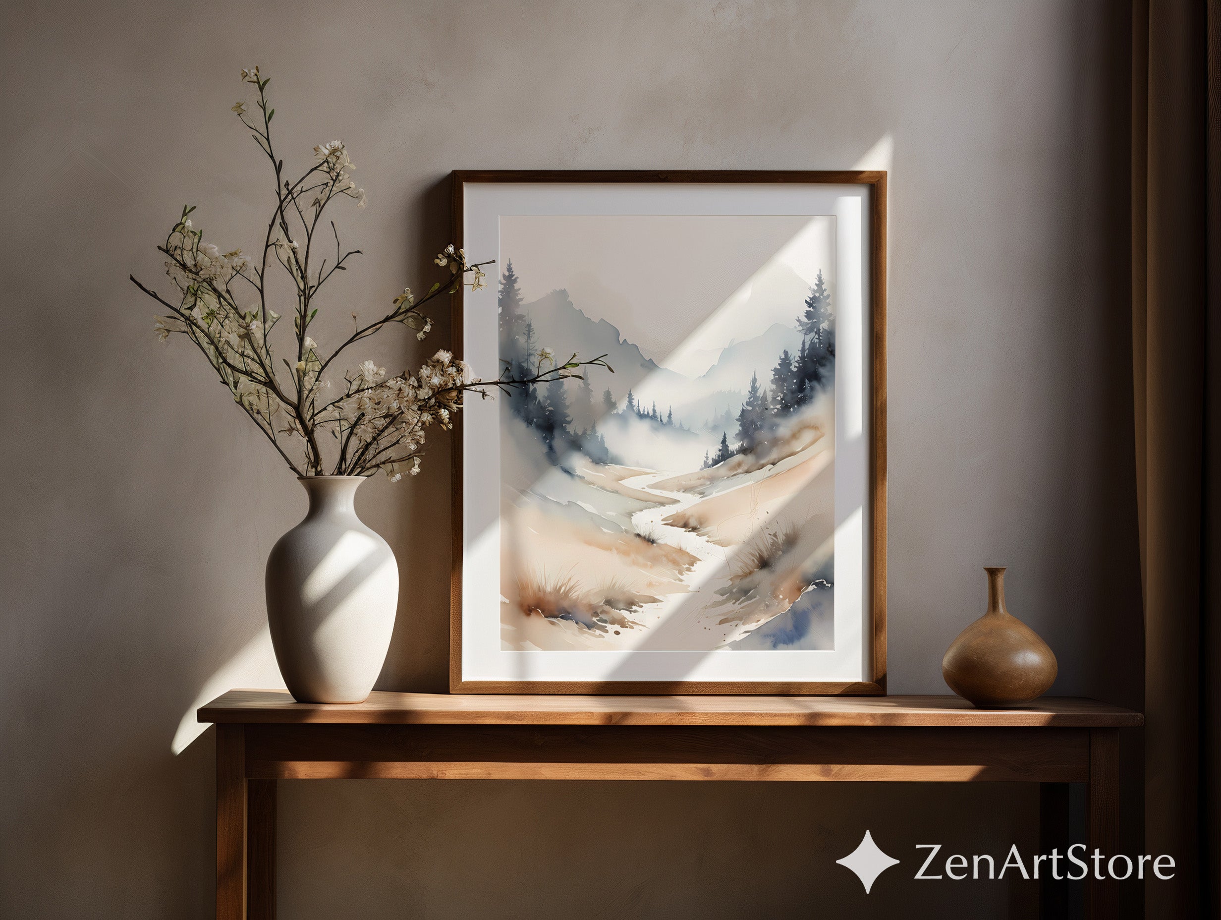 Misty Mountain Valley Watercolor Print - Neutral Minimal Landscape Art for Japandi, Wabi Sabi & Calm Home Decor