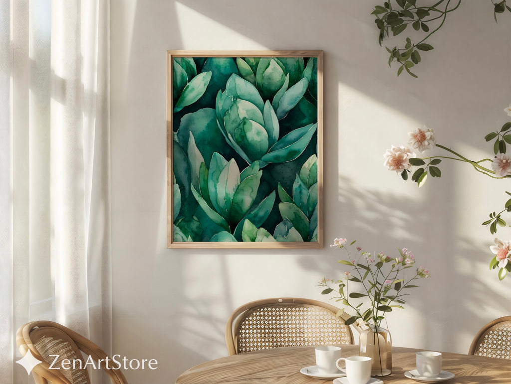 Teal Succulent Watercolor Print - Botanical Green Wall Art, Modern Japandi Printable for Living Room & Bedroom