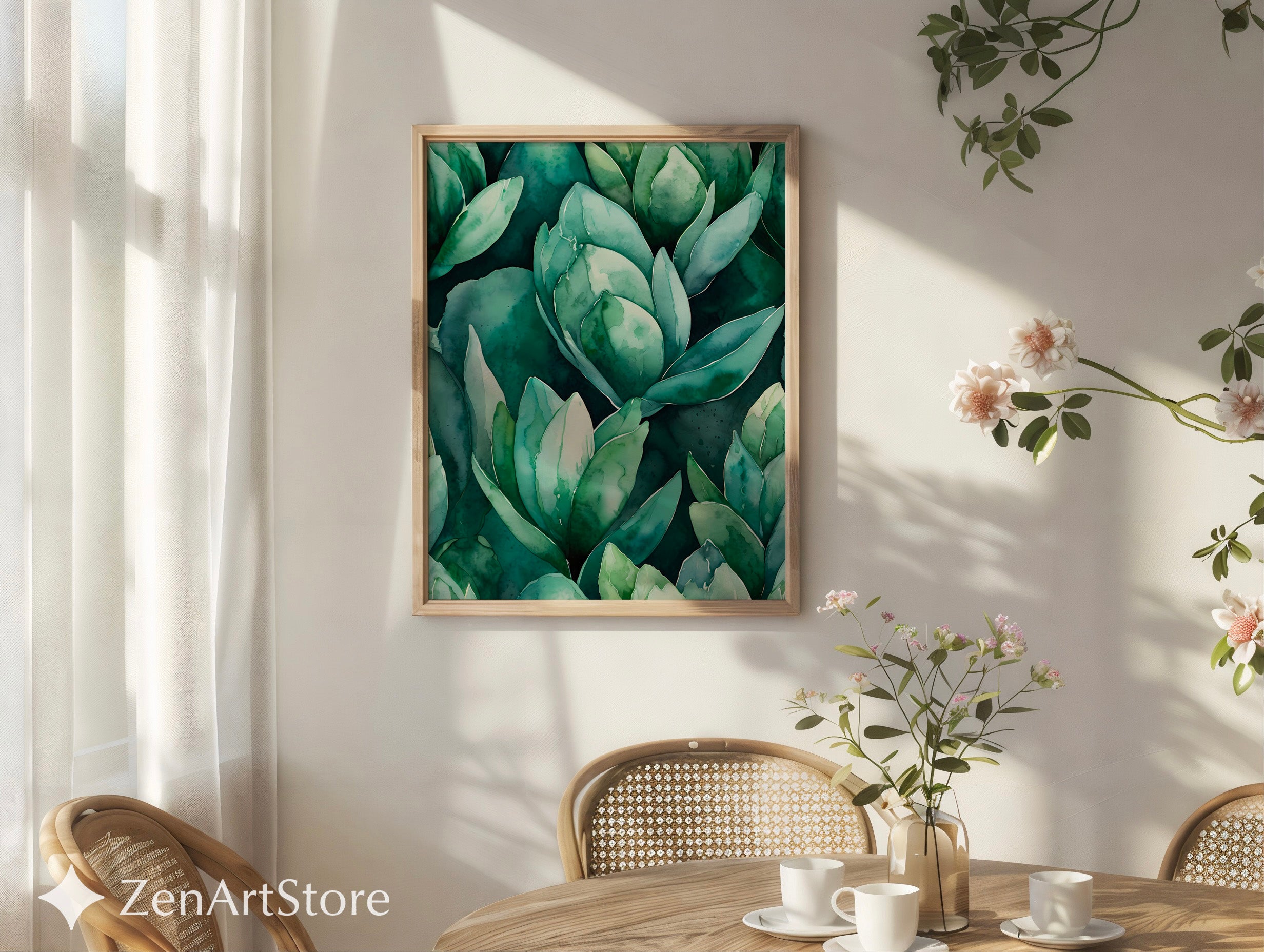 Teal Succulent Watercolor Print - Botanical Green Wall Art, Modern Japandi Printable for Living Room & Bedroom