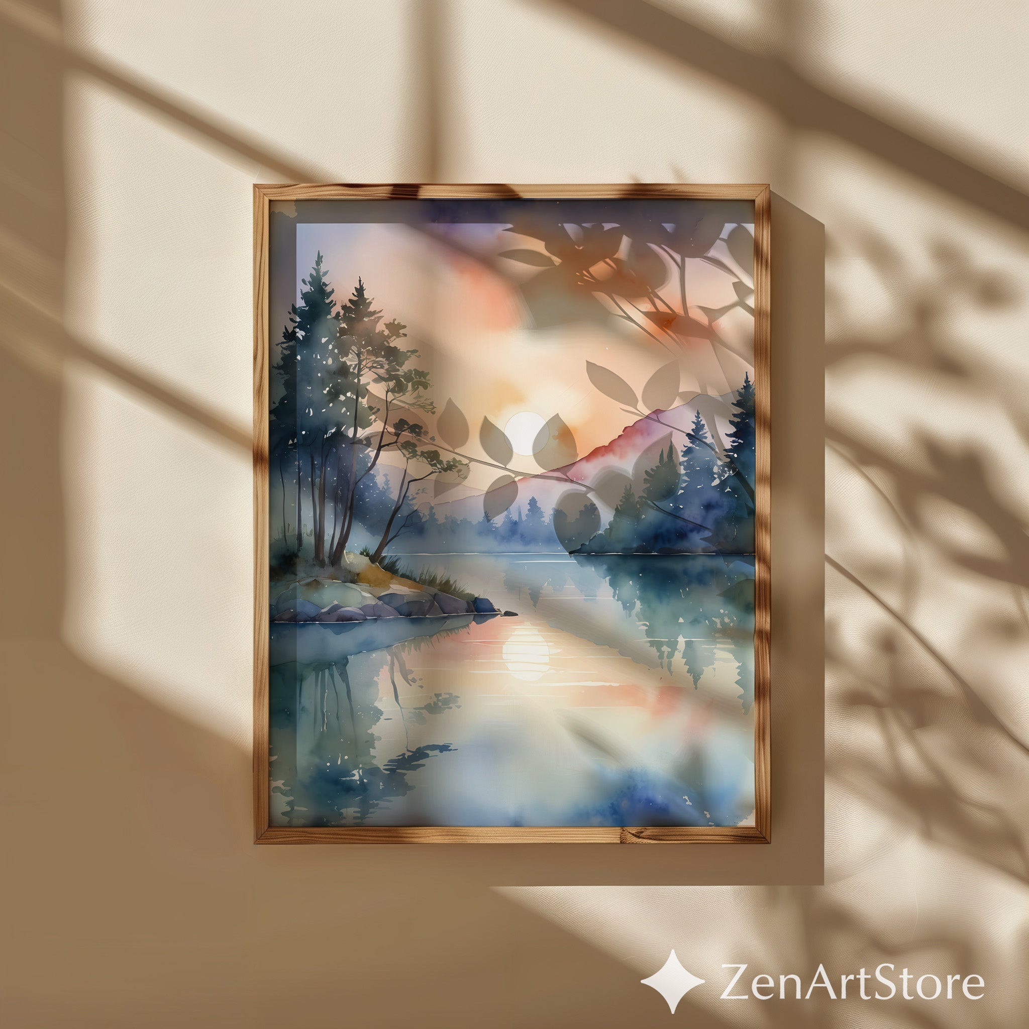 Sunrise Lake Watercolor Print - Misty Mountain Reflection Wall Art, Serene Zen Minimal Nature Decor