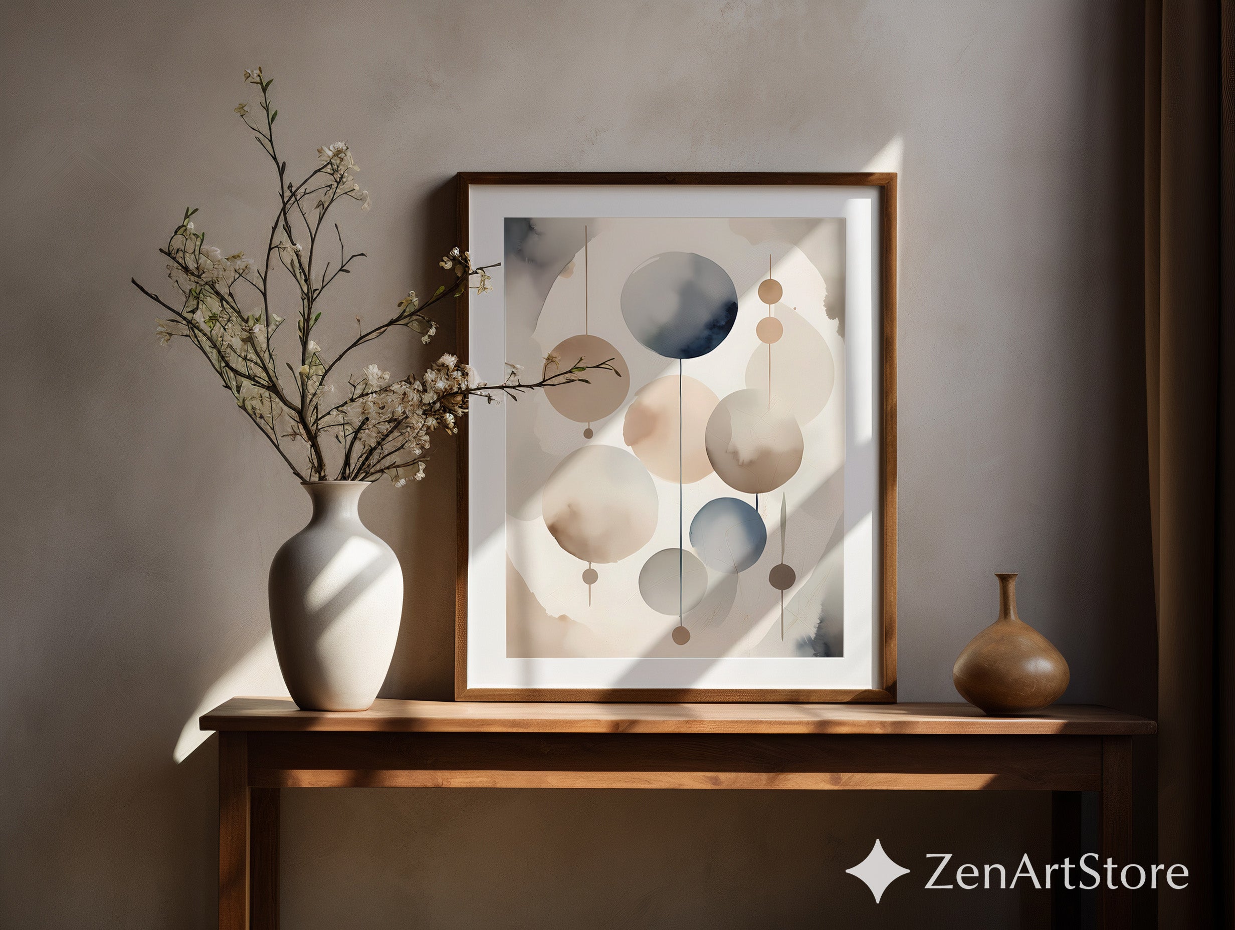 Neutral Abstract Circles Wall Art - Minimalist Japandi Scandinavian Watercolor Print for Modern Living Room & Bedroom Decor