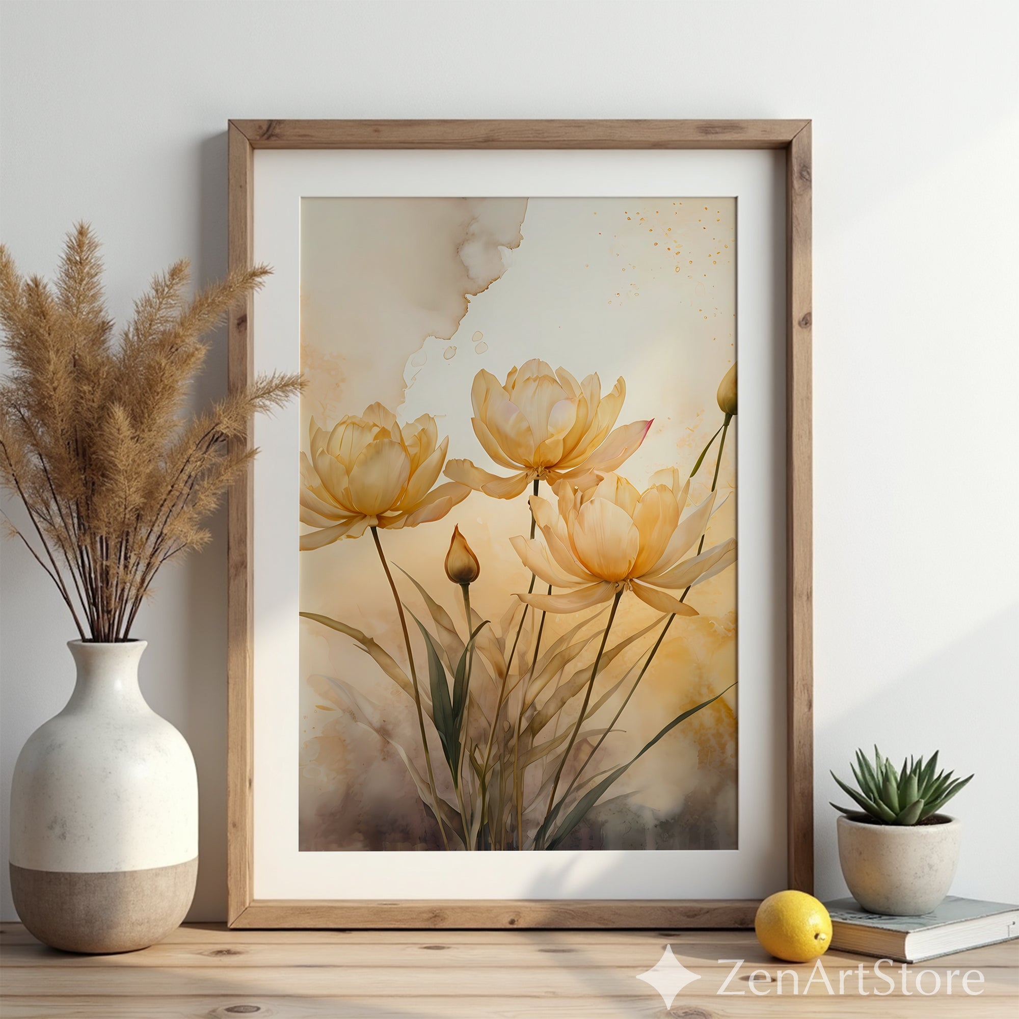 Golden Beige Floral Wall Art - Minimal Botanical Watercolor Print, Zen Japandi Neutral Home Decor