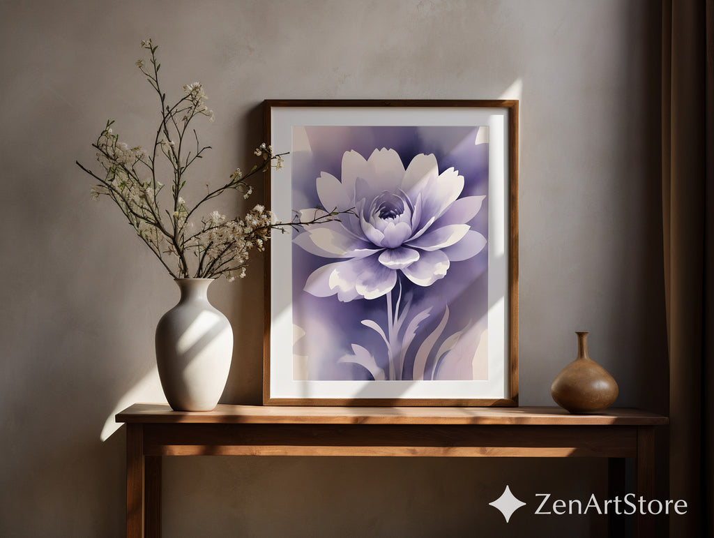 Lavender Floral Wall Art - Calming Purple Peony Print for Bedroom & Living Room - Minimal Zen Botanical Canvas, Japandi Decor
