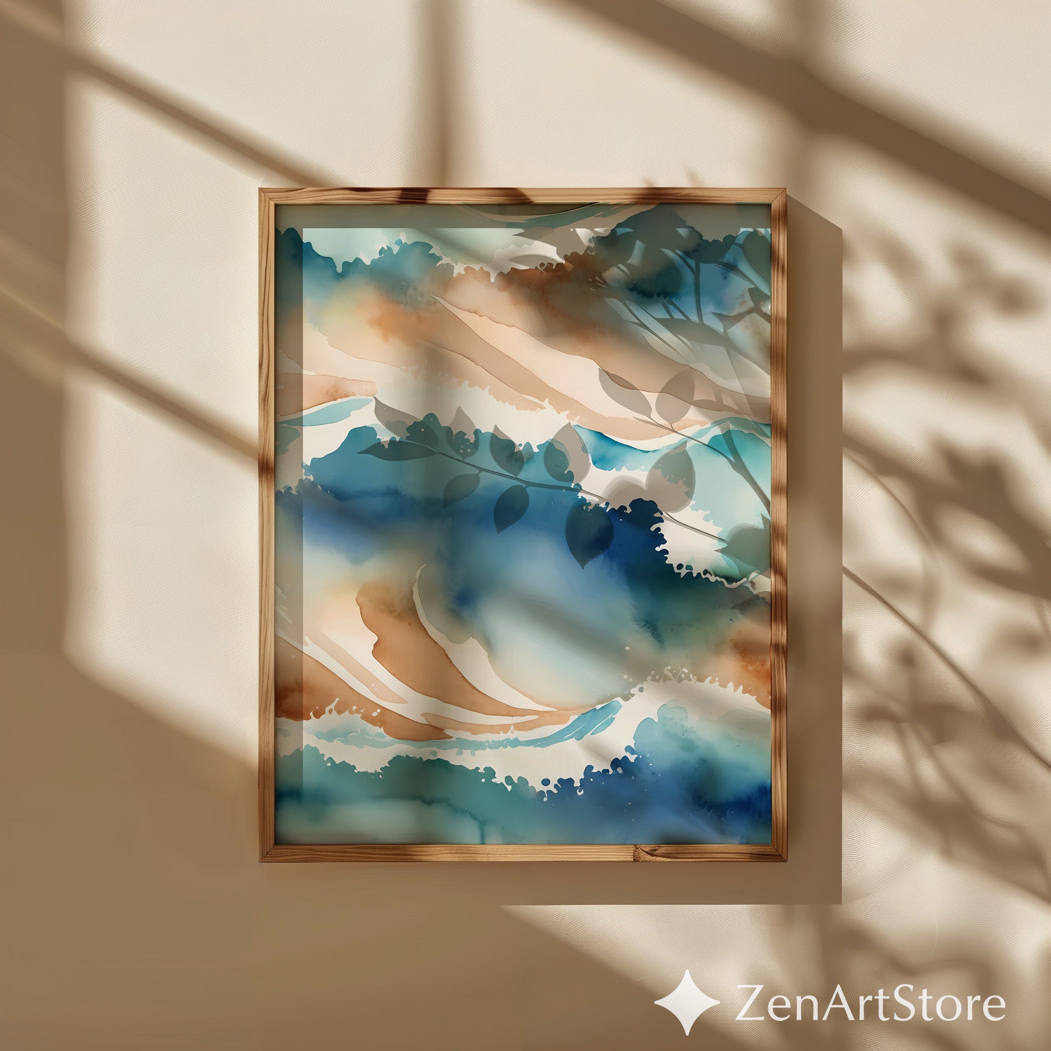 Abstract Ocean Waves Watercolor Print - Blue Beige Coastal Wall Art, Modern Japandi Zen Decor for Living Room & Bedroom