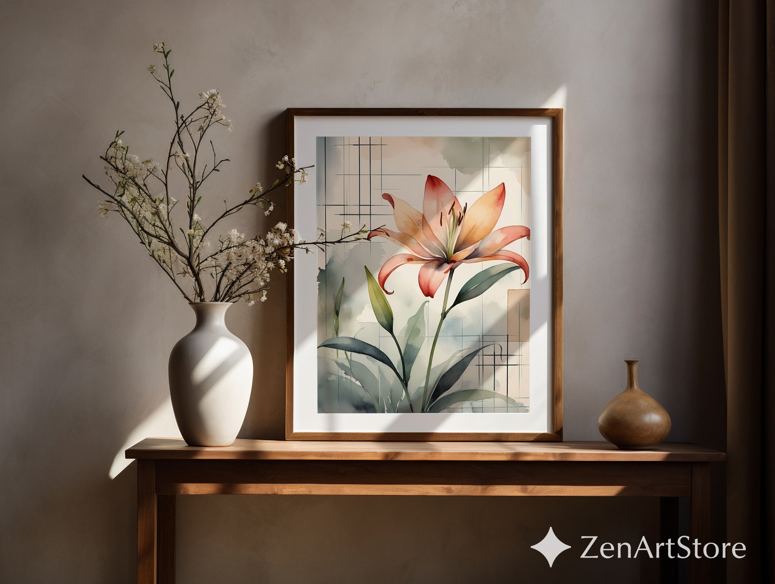 Peach Lily Watercolor Wall Art - Botanical Floral Print, Japandi Minimal Canvas or Printable, Neutral Modern Home Decor