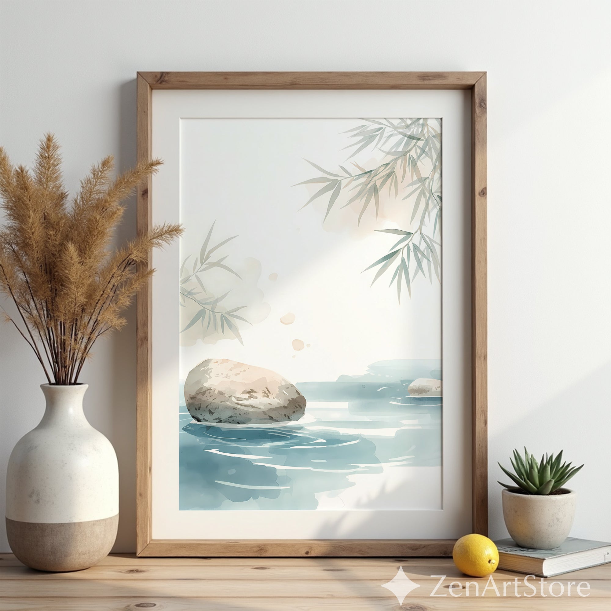 Zen Watercolor Rock and Bamboo Print - Minimal Japandi Wall Art, Neutral Calm Landscape for Living Room, Spa or Bedroom Decor