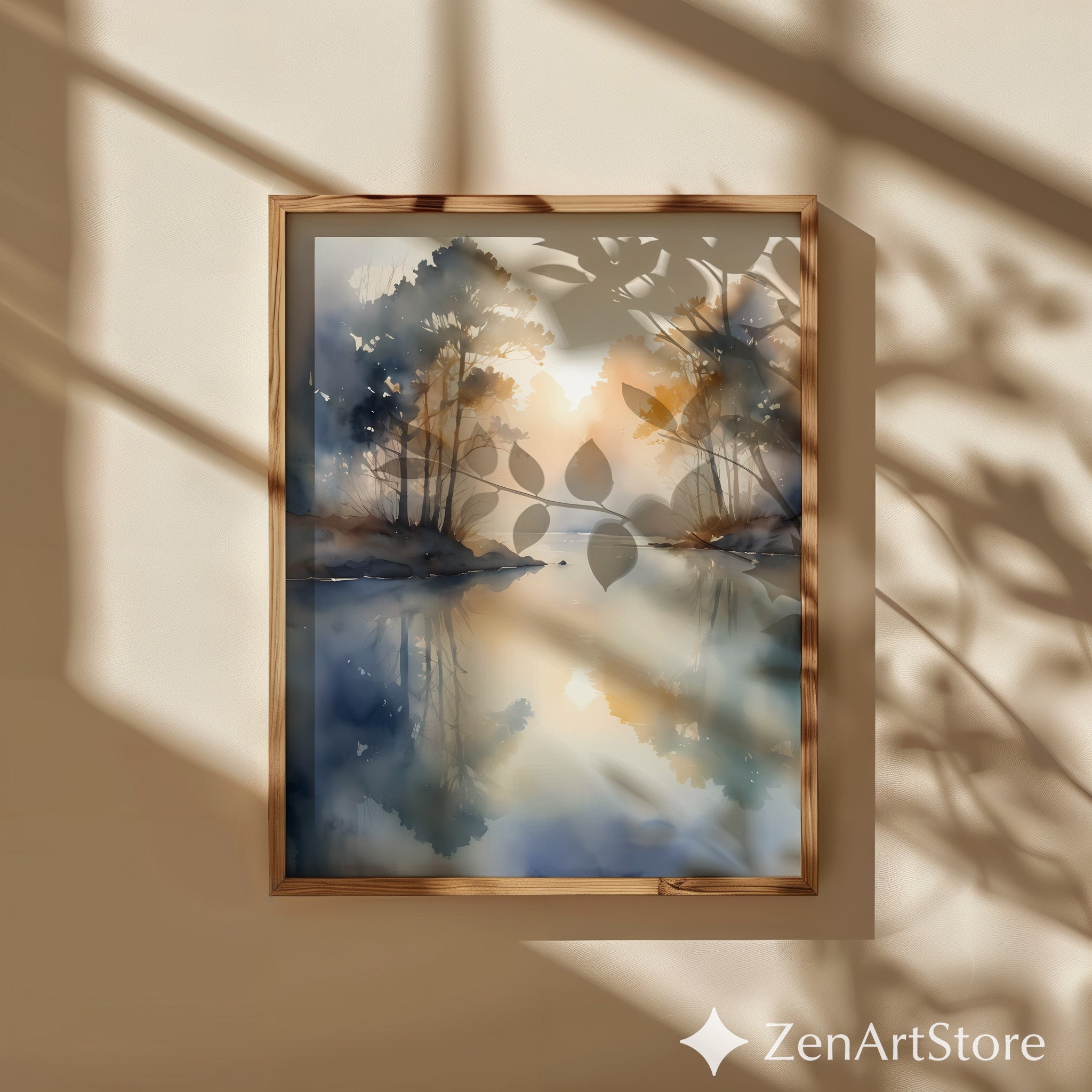 Misty Lake Sunrise Watercolor Print - Neutral Minimal Landscape Wall Art, Calm Japandi Scandinavian Home Decor