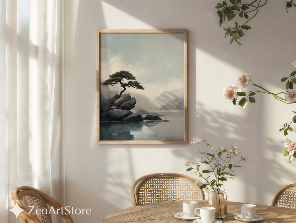 Zen Minimalist Landscape Print Lone Pine on Rocks - Japandi Scandinavian Wall Art Neutral Calm Home Decor