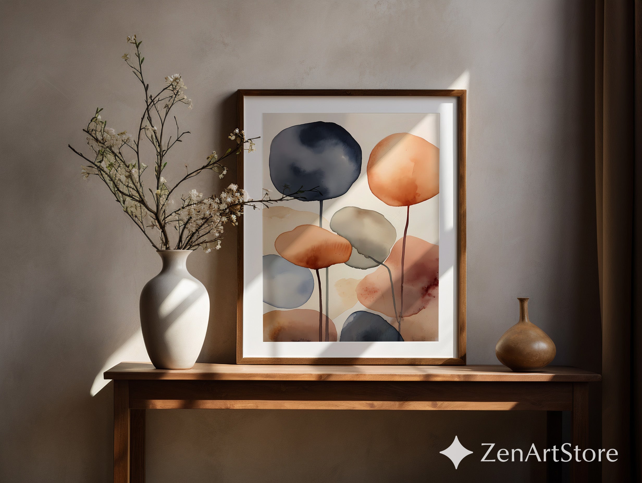 Abstract Watercolor Wall Art Neutral Terracotta & Blue - Minimal Japandi Scandi Zen Print for Living Room Bedroom