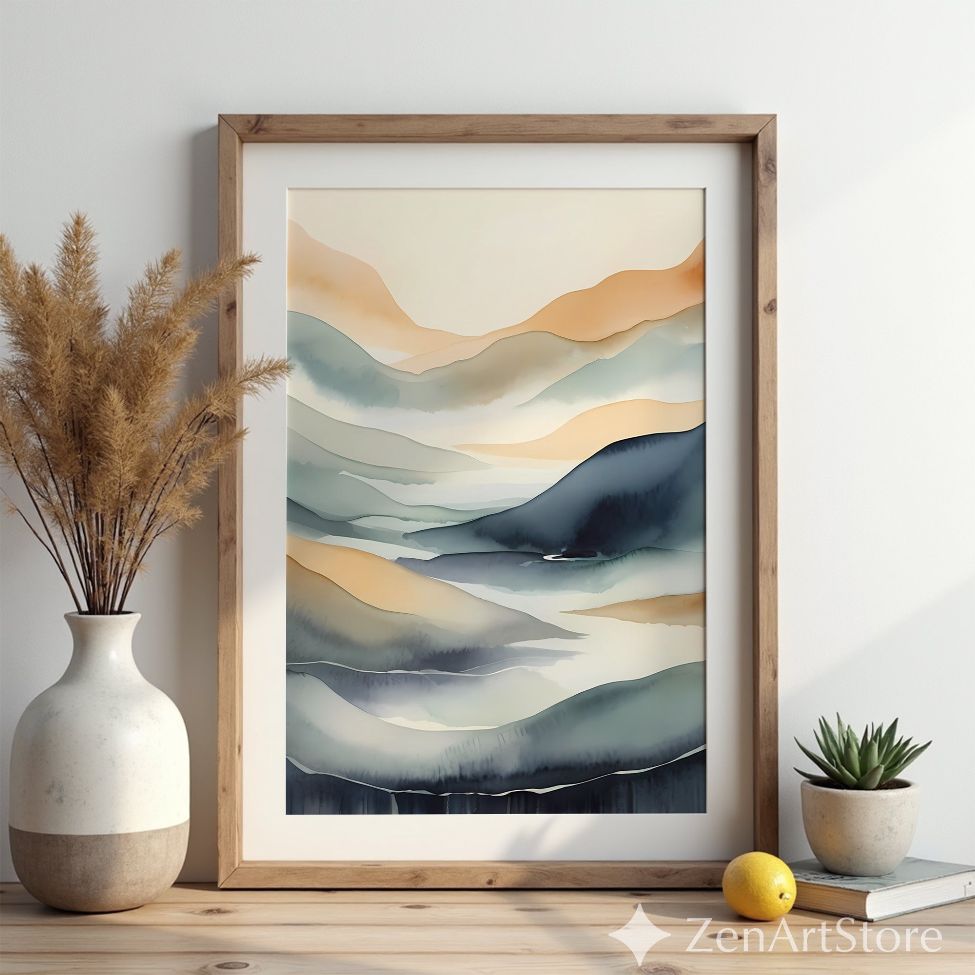 Muted Watercolor Mountain Print – Minimal Abstract Landscape Wall Art, Neutral Japandi Zen Decor for Living Room & Bedroom