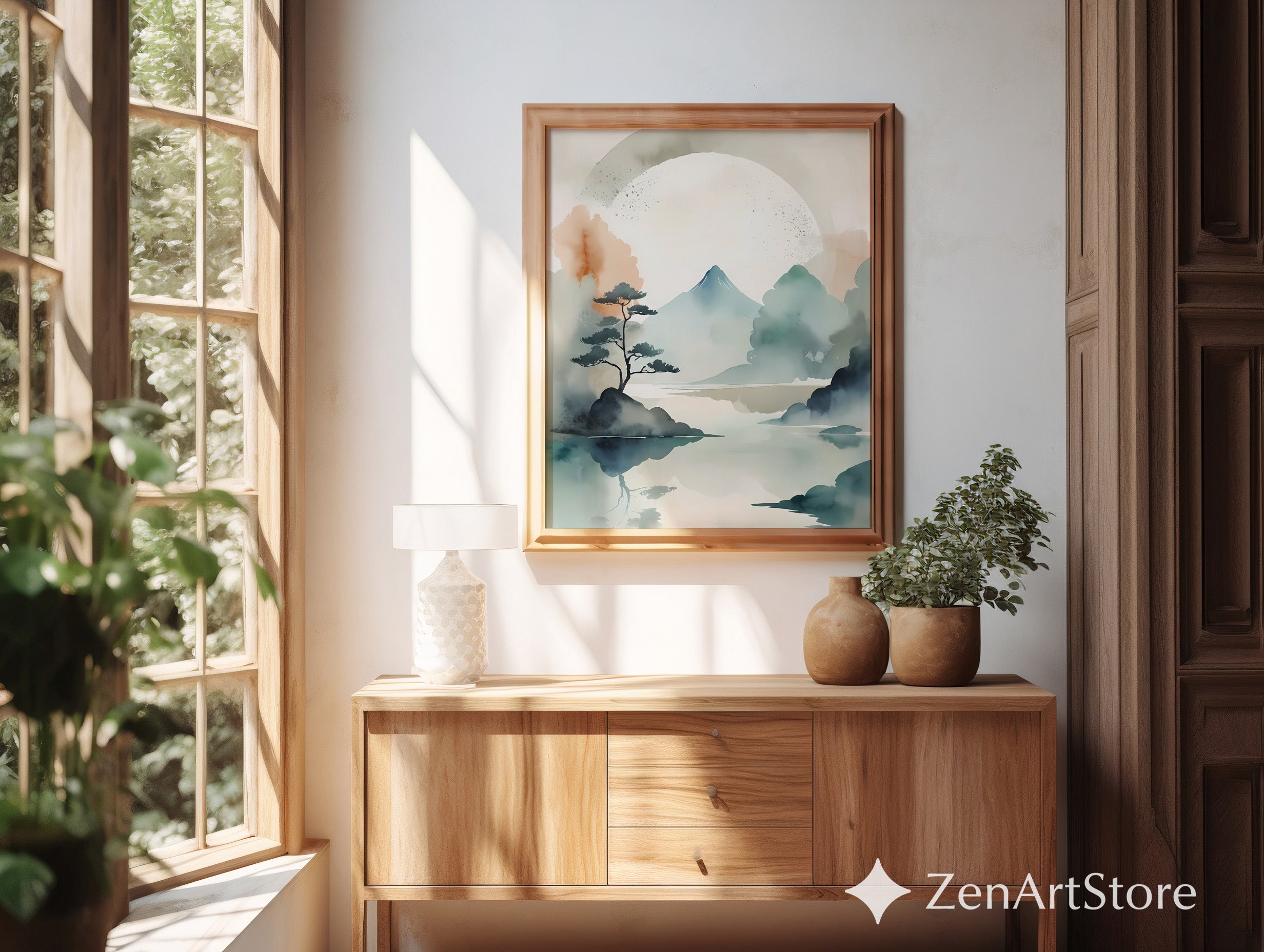 Japandi Watercolor Mountain Print - Zen Minimal Landscape Wall Art, Neutral Beige Teal Abstract for Living Room & Bedroom