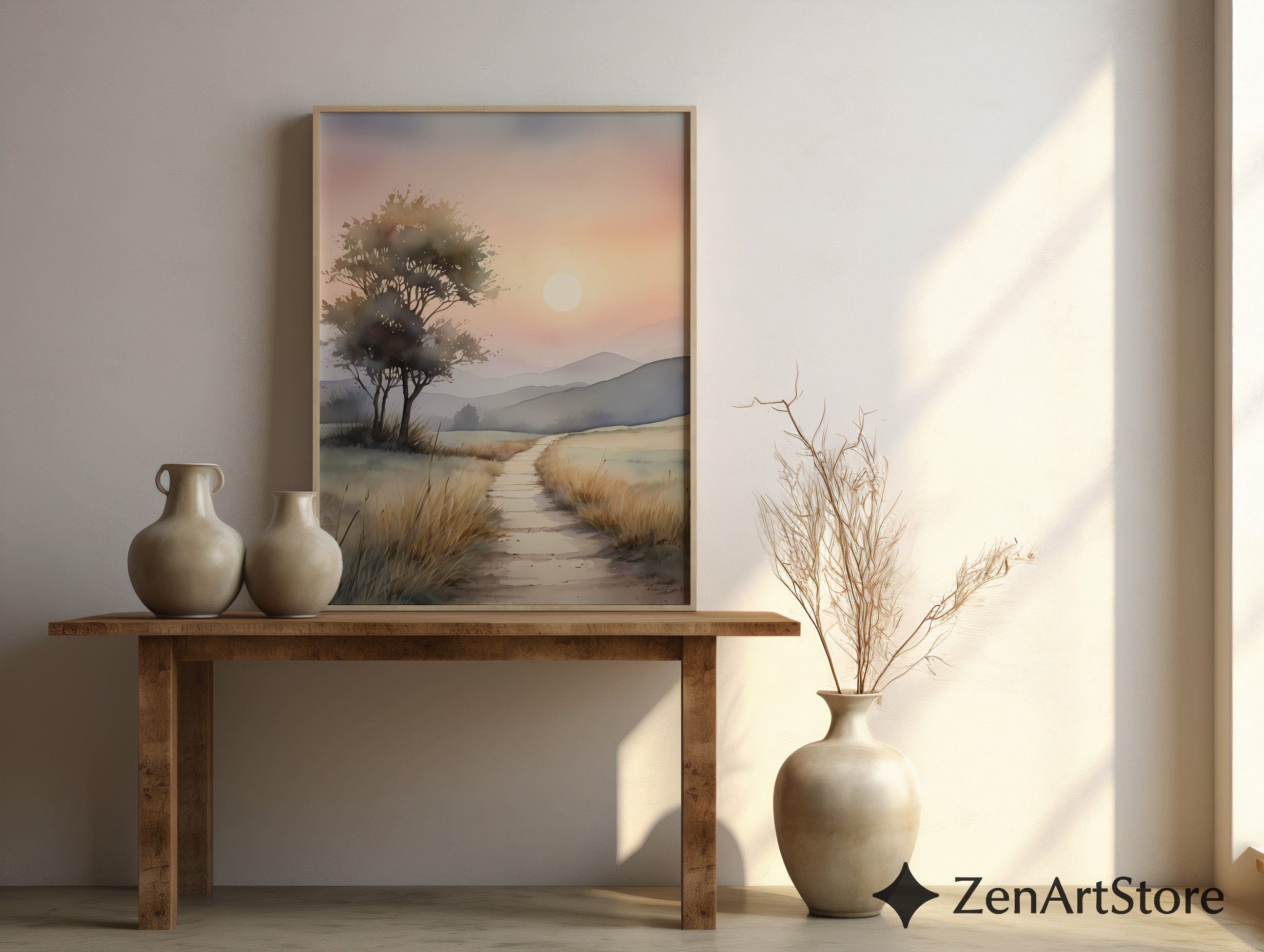 Serene Sunrise Path Watercolor Print - Minimal Neutral Landscape Wall Art for Living Room & Bedroom